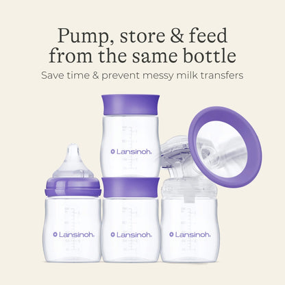Collection of breastmilk storage bottles displayed with interchangeable feeding and pumping attachments to show pumping, storing and feeding from the same bottle system.