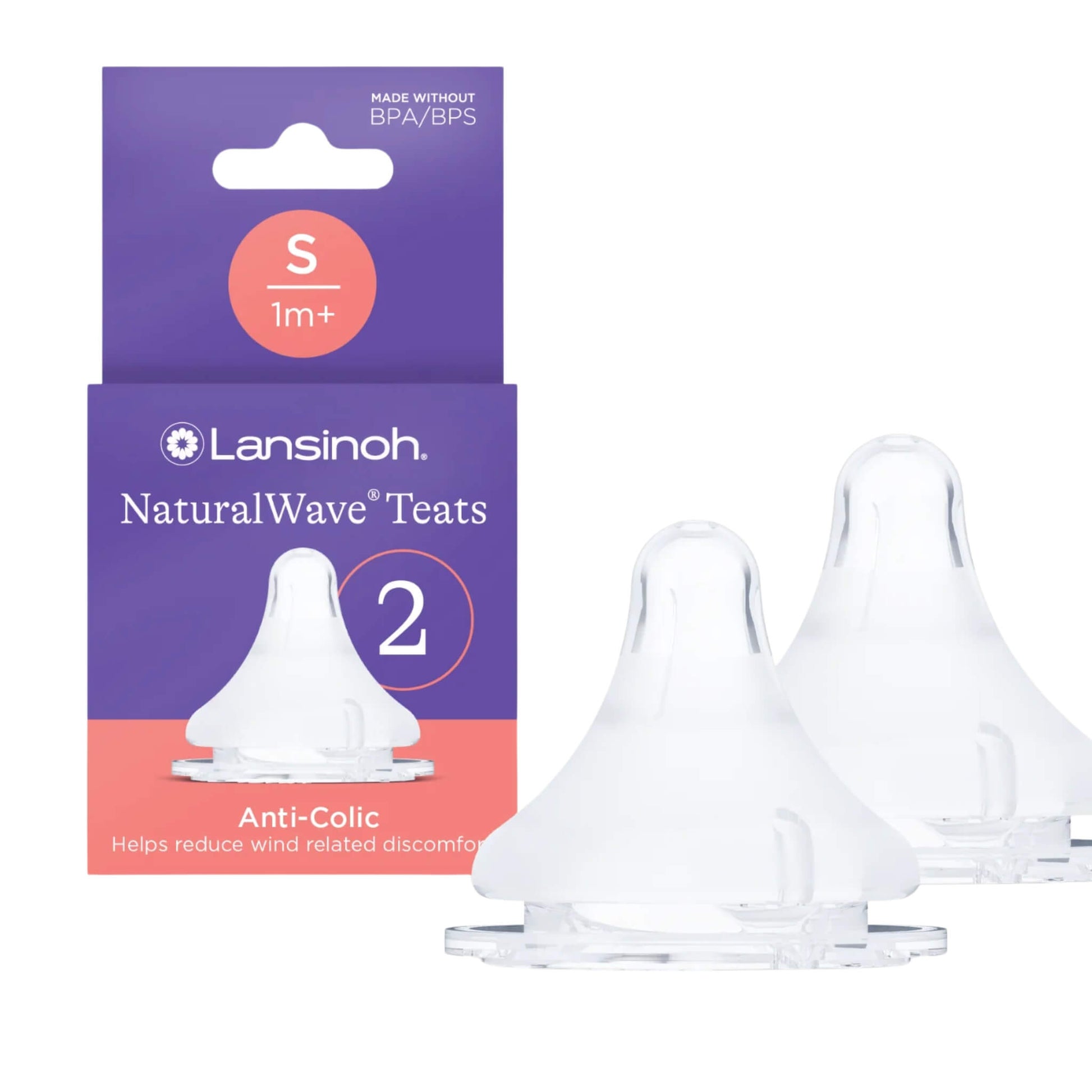 Lansinoh NaturalWave Teats 2 Pack shown with retail packaging and two clear silicone teats displayed in front, labelled size S for 1 month plus, designed to reduce colic and made without BPA or BPS.