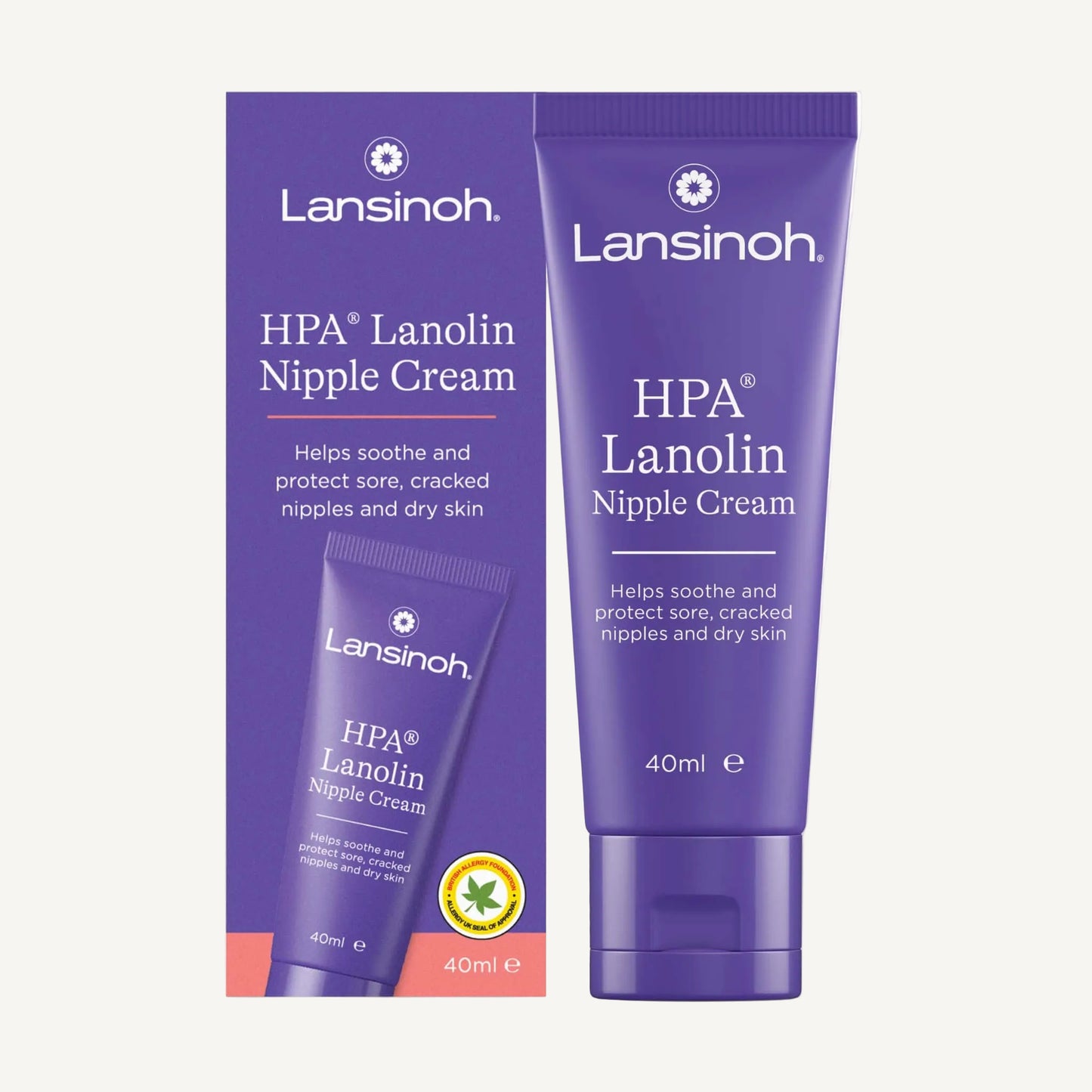 Tube of nipple cream displayed next to retail packaging on a plain background, showing front packaging design and 40 ml tube.