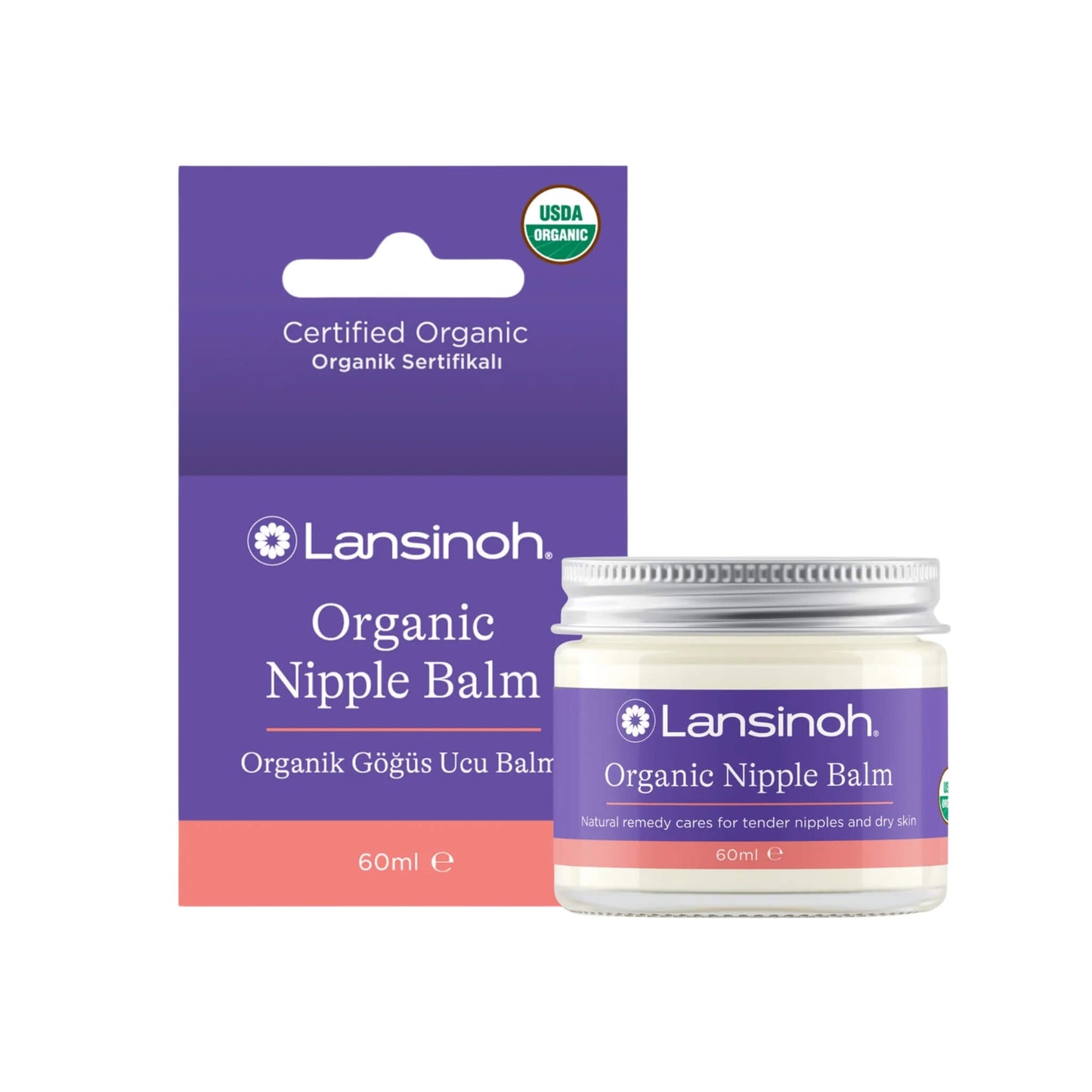 Lansinoh Organic Nipple Balm 60ml jar and packaging shown against a light background with USDA Organic certification badge.