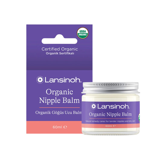 Lansinoh Organic Nipple Balm 60ml jar and packaging shown against a light background with USDA Organic certification badge.