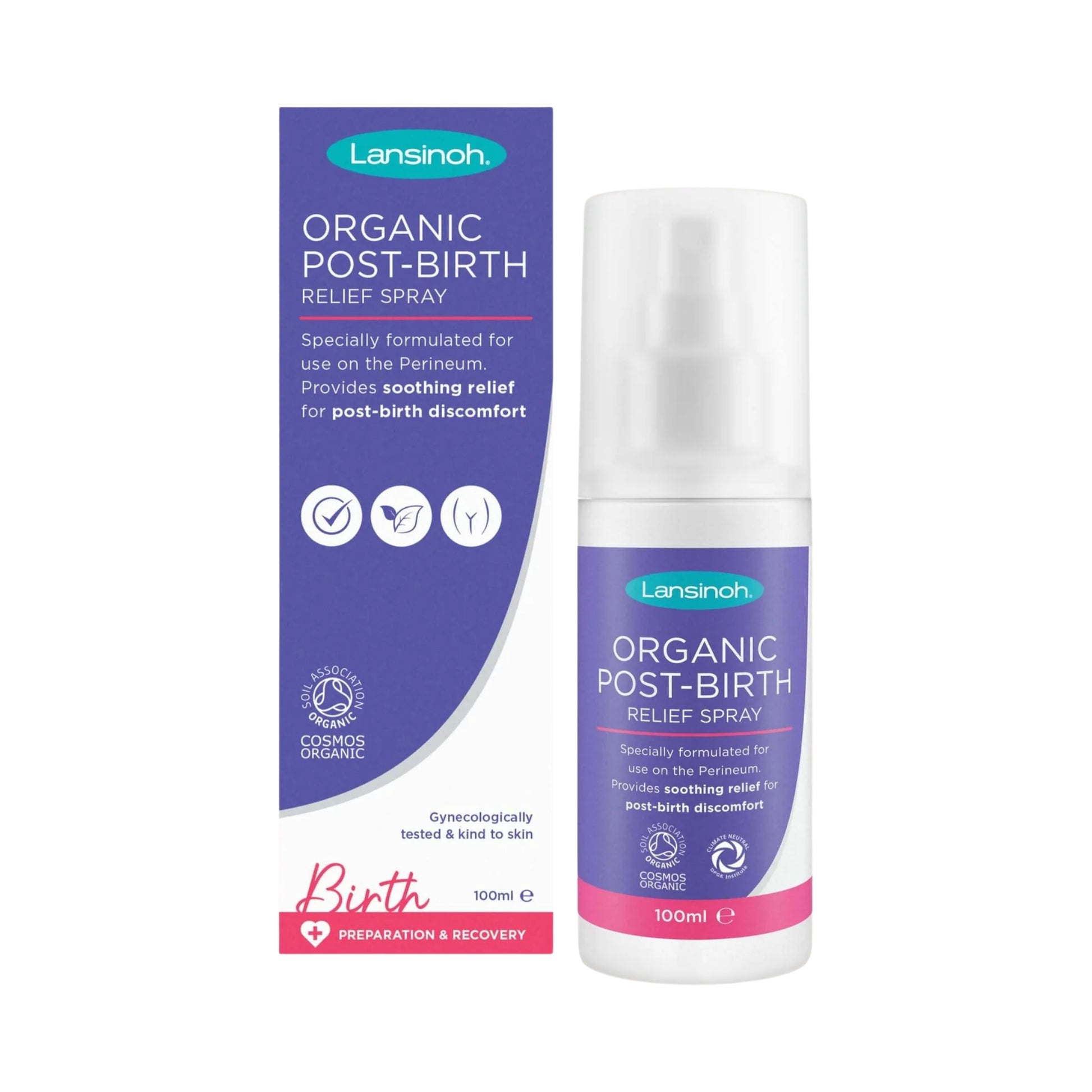 Lansinoh Organic Post-Birth Relief Spray with 100ml spray bottle and product box, formulated to soothe and cool tender perineal skin after childbirth.