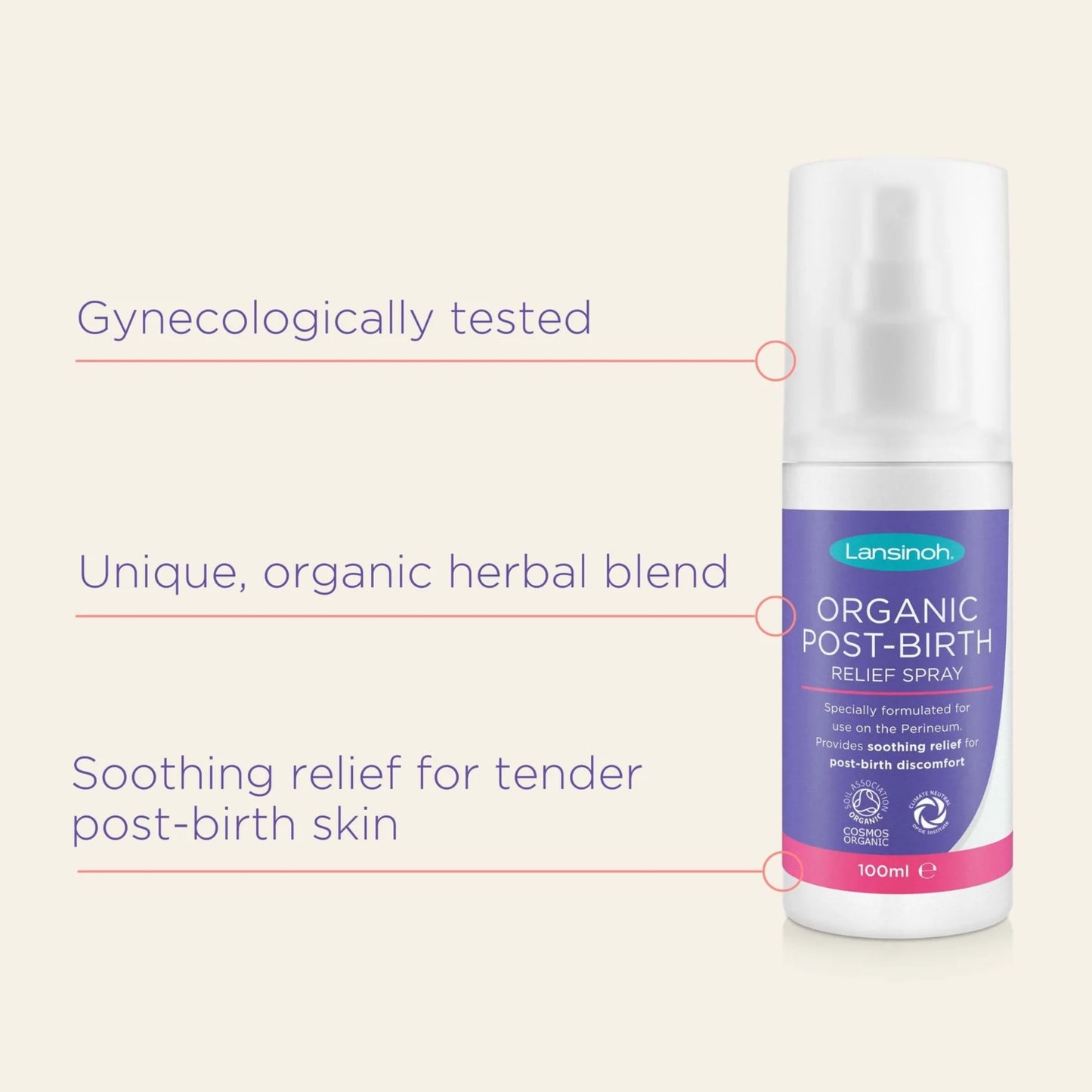 Organic post-birth relief spray bottle with callouts highlighting gynaecological testing, organic herbal ingredients and soothing relief for tender postpartum skin.