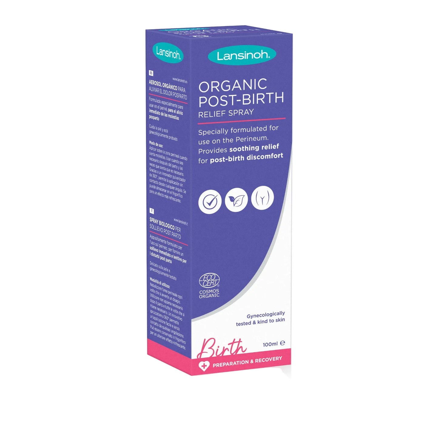 Angled view of a boxed bottle of organic post-birth relief spray showing product packaging, certification marks and postpartum recovery information.