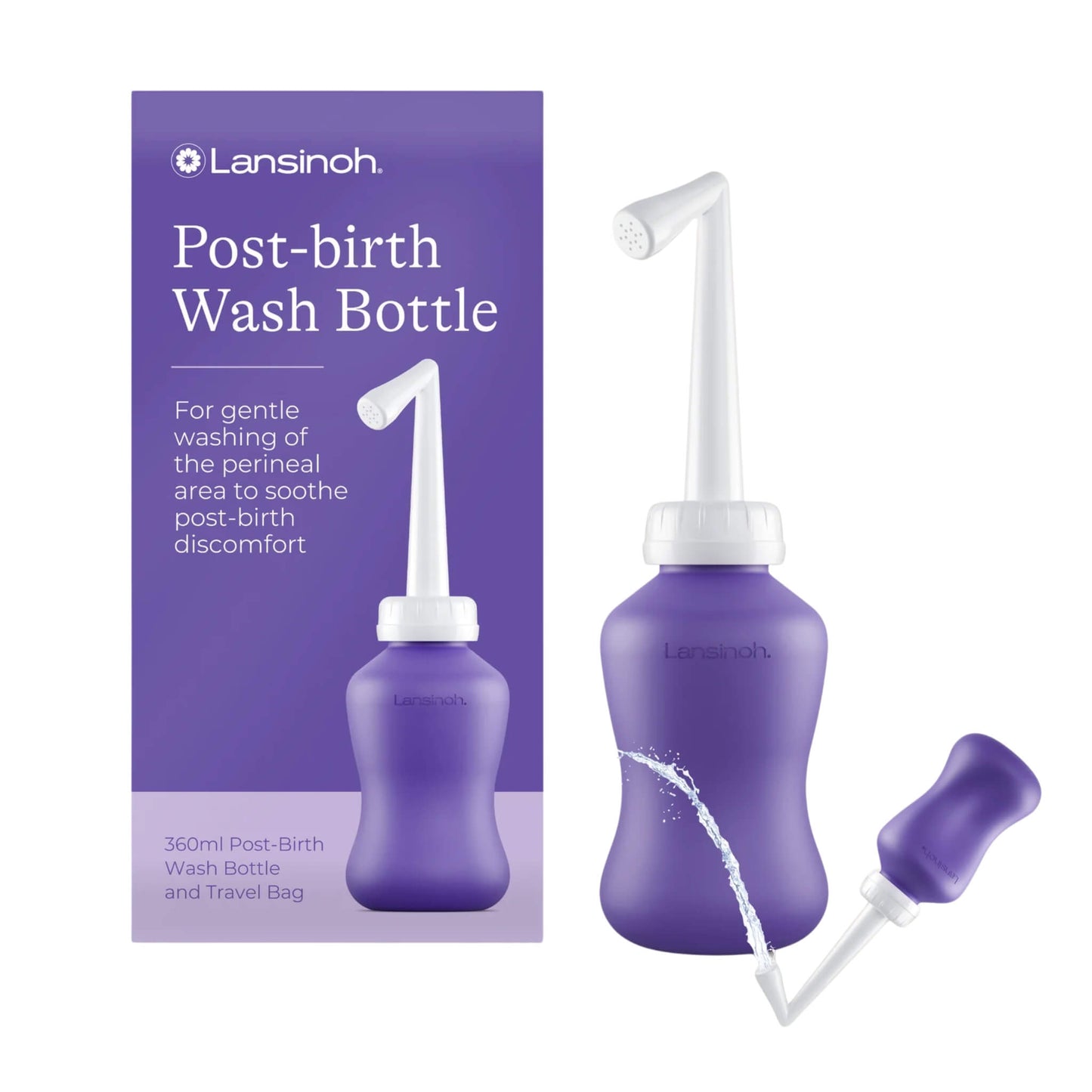Lansinoh Post-Birth Wash Bottle with angled spout, purple bottle, travel bag and retail packaging shown against a light background.