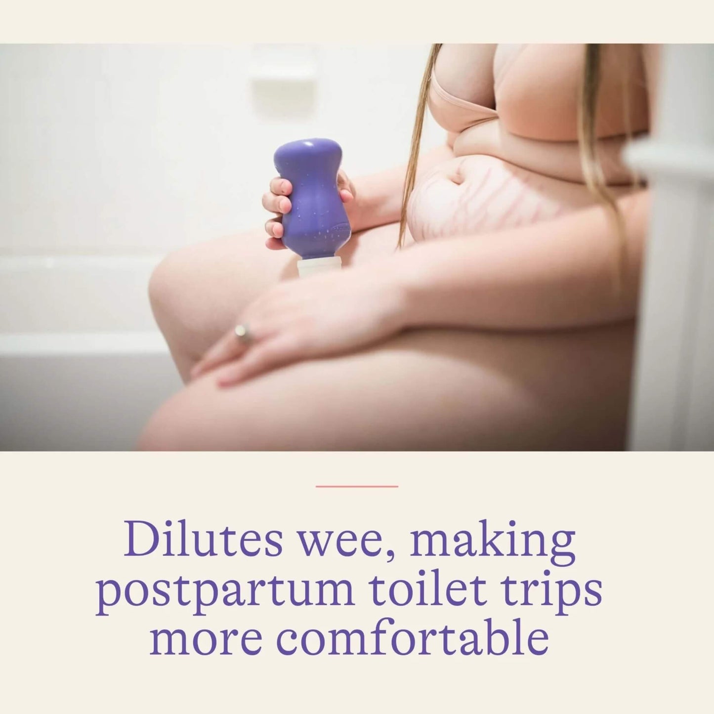 A seated woman holding a purple post-birth wash bottle, illustrating use during postpartum recovery to help make toilet visits more comfortable.