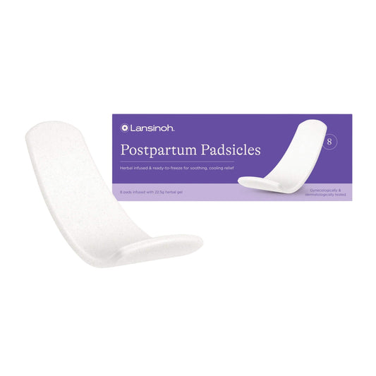 Lansinoh Postpartum Padsicles pack alongside a single curved cooling pad, designed to provide soothing relief for sensitive post-birth areas.