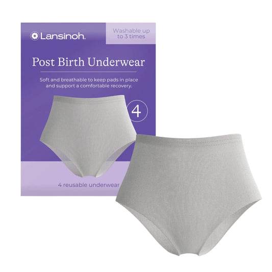 Lansinoh Postpartum Underwear reusable maternity briefs designed to hold postpartum pads securely in place while providing soft, breathable support during recovery.