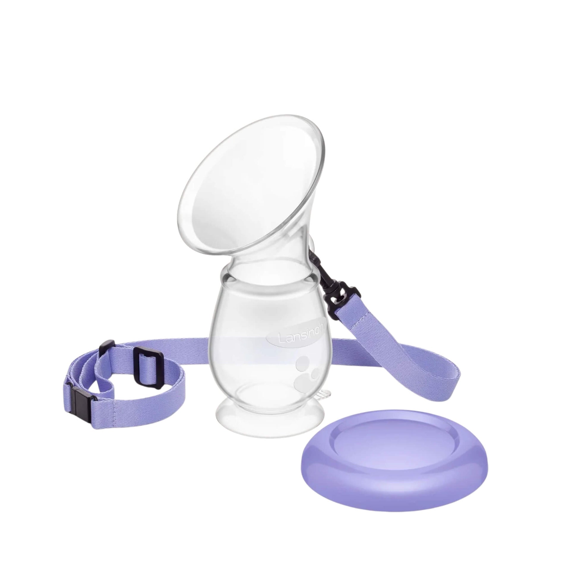 Lansinoh Silicone Breast Pump shown with purple lid and adjustable neck strap, featuring a clear silicone body and suction base for stable, hands-free milk collection.