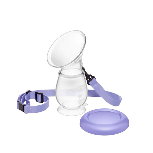 Lansinoh Silicone Breast Pump shown with purple lid and adjustable neck strap, featuring a clear silicone body and suction base for stable, hands-free milk collection.