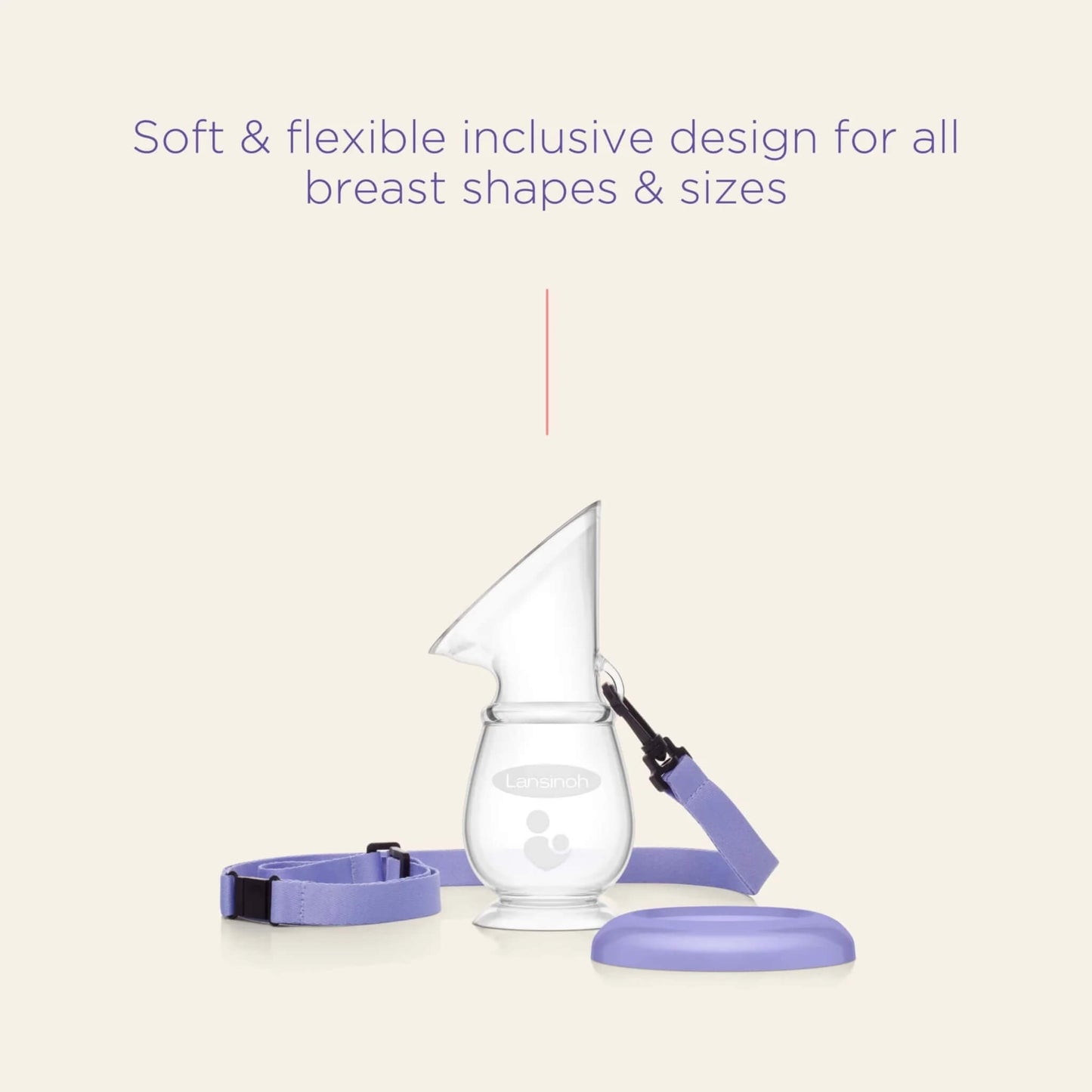 Soft, flexible silicone breast pump with purple lid and neck strap designed to fit all breast shapes and sizes.