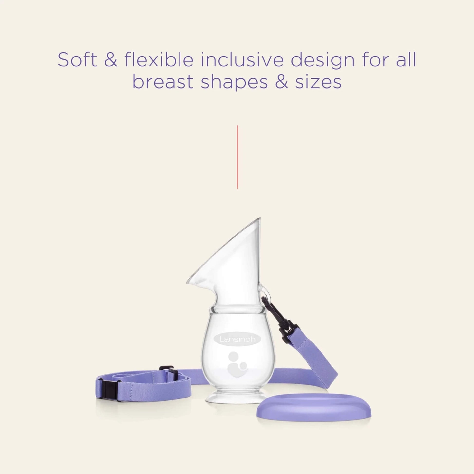 Soft, flexible silicone breast pump with purple lid and neck strap designed to fit all breast shapes and sizes.