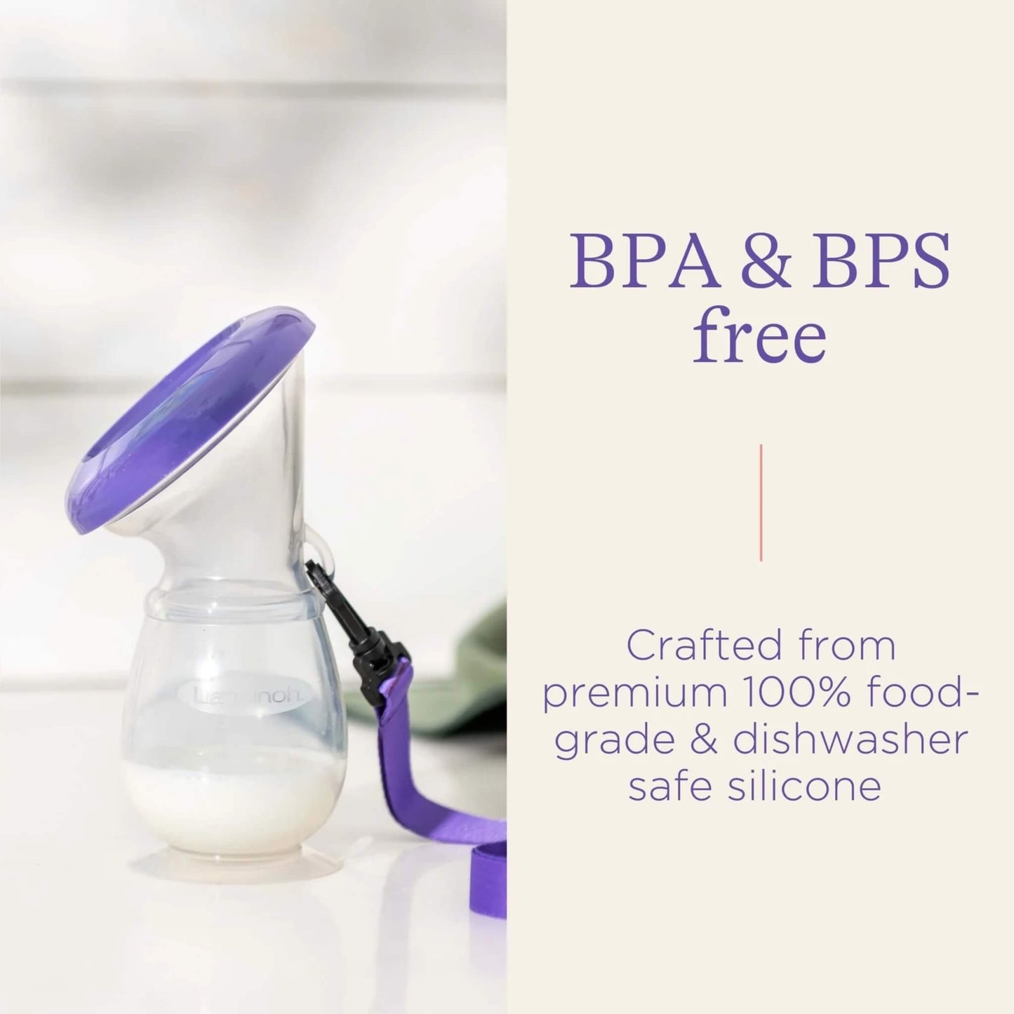 Silicone breast pump filled with milk on a kitchen surface, highlighting the flexible design and easy-clean finish.