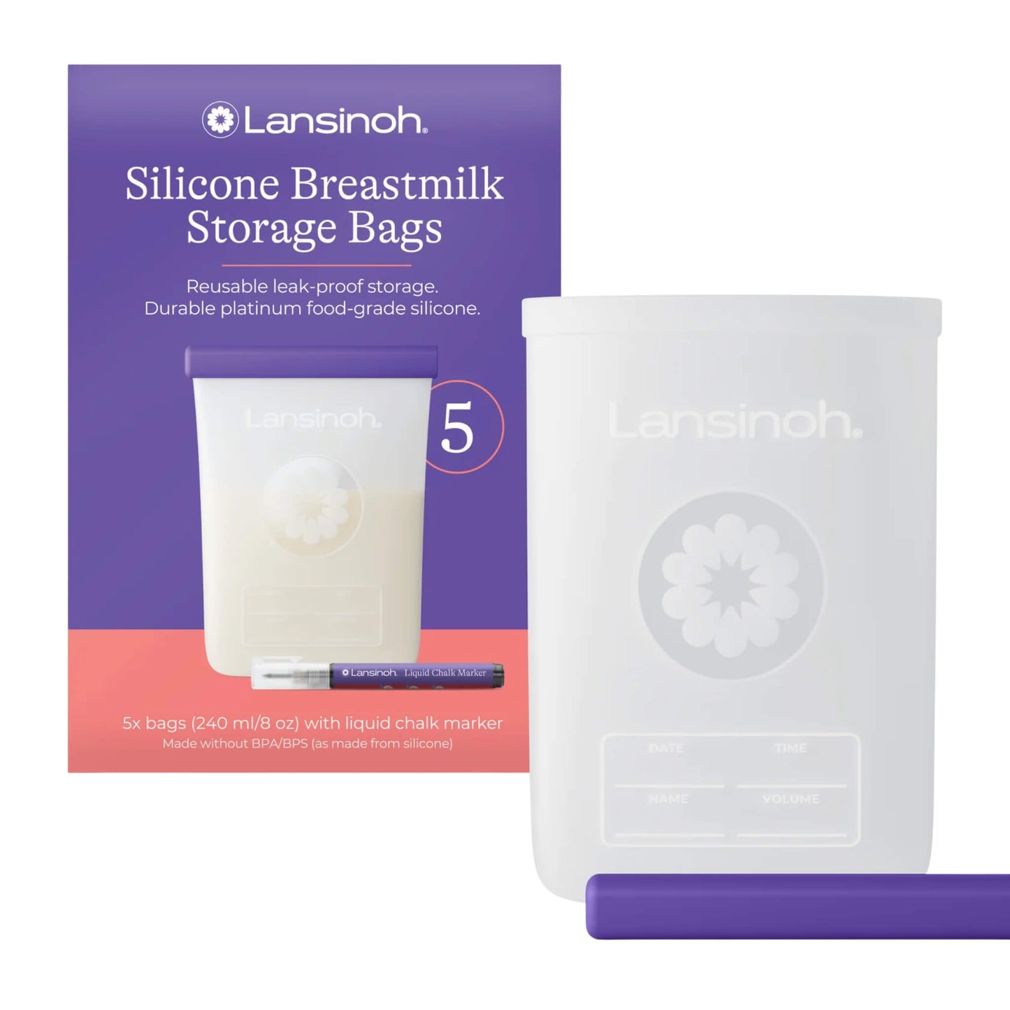 Lansinoh Silicone Breastmilk Storage Bags pack showing reusable silicone milk storage bags with sealing bars and included liquid chalk marker.