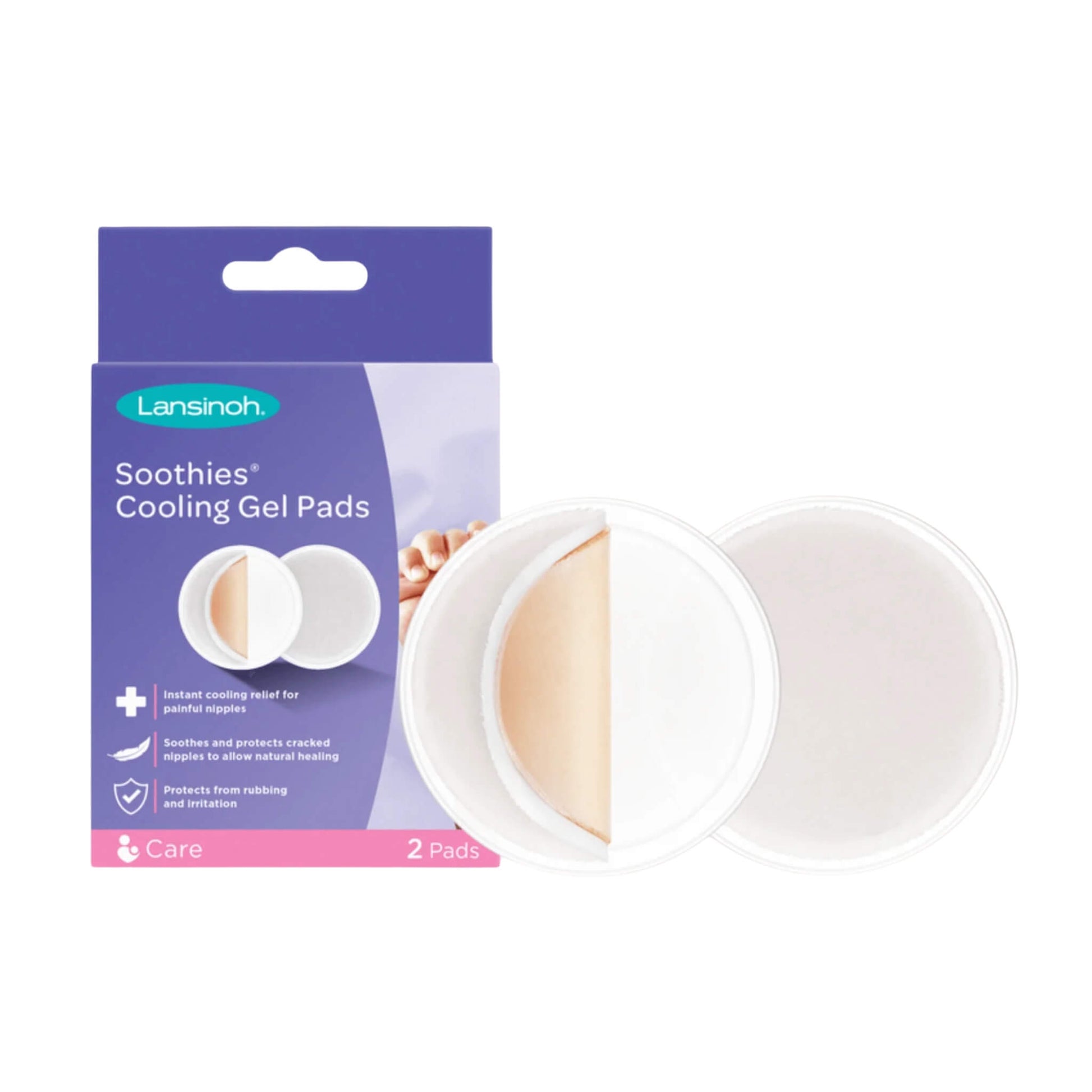 Lansinoh Soothies Cooling Gel Pads for sore nipples, shown in front of packaging with two circular hydrogel pads that provide cooling relief for breastfeeding mothers.