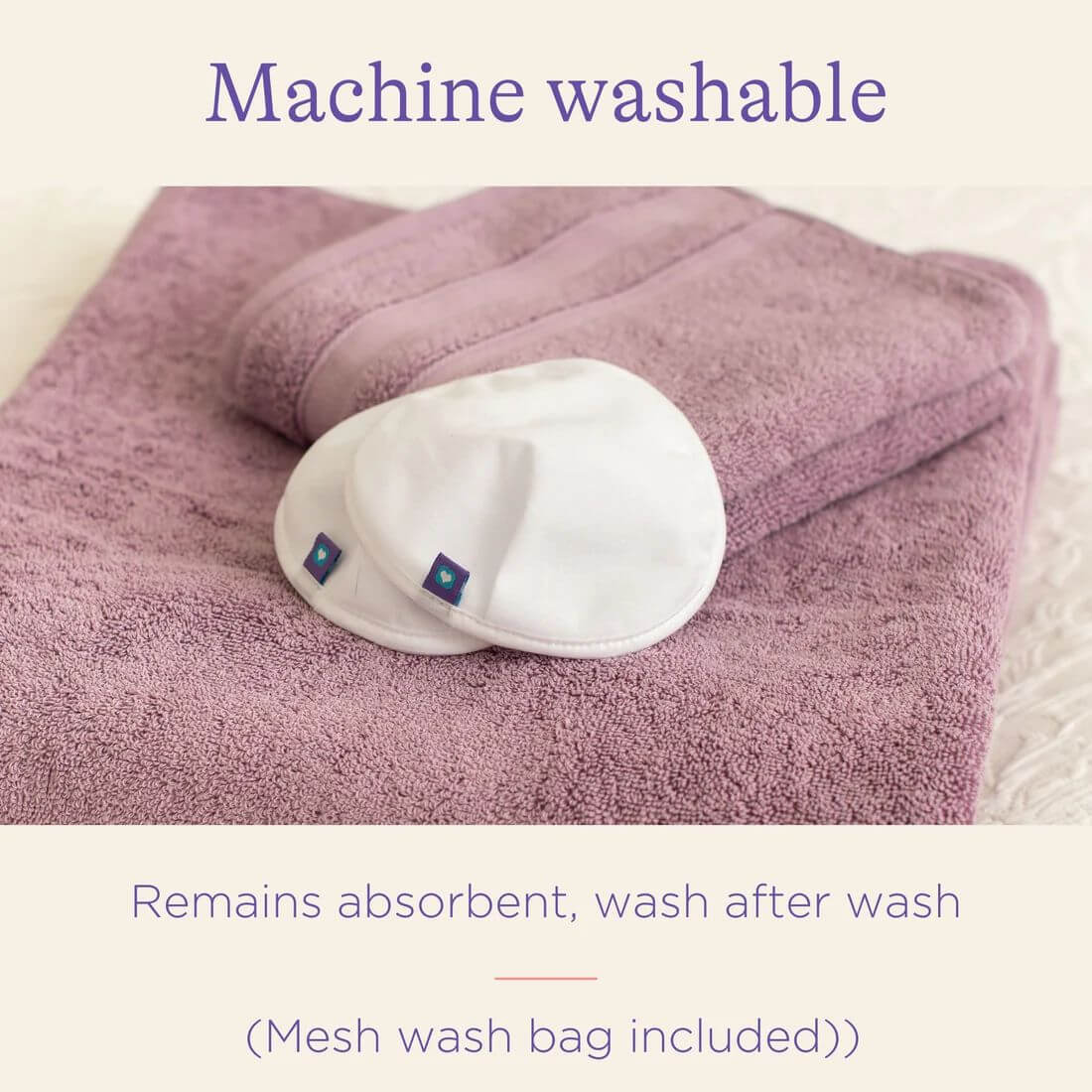 Two washable Nursing Pads resting on a folded towel, highlighting their machine-washable feature and consistent absorbency after multiple washes.