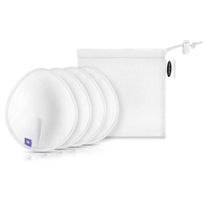 Reusable Nursing Pads displayed in a row, accompanied by a white mesh wash bag, highlighting their reusability and convenience.