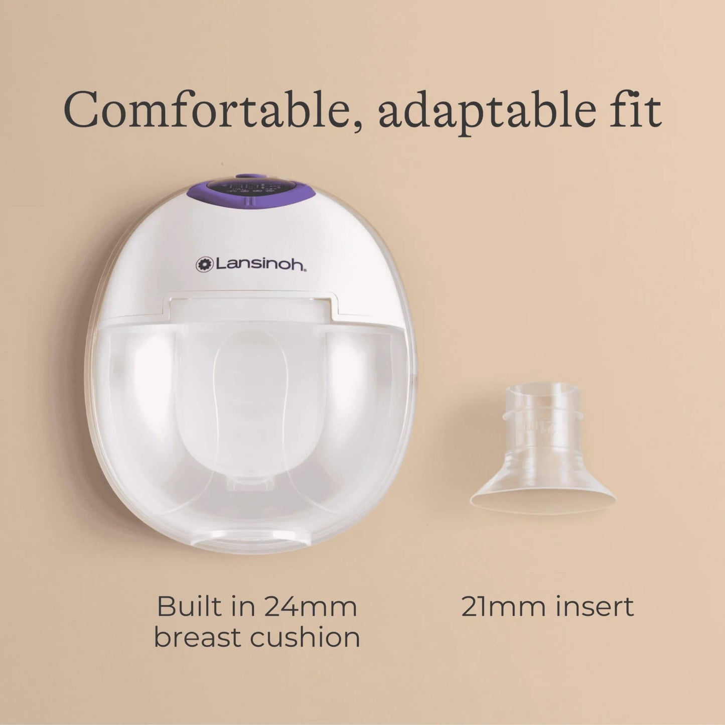Wearable breast pump shown alongside a removable insert, highlighting a built-in 24 mm breast cushion and optional 21 mm insert for fit adjustment.