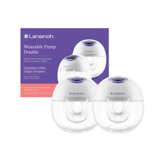 Lansinoh Wearable Breast Pump Double shown with retail packaging and two wearable breast pump units displayed in front on a plain background.