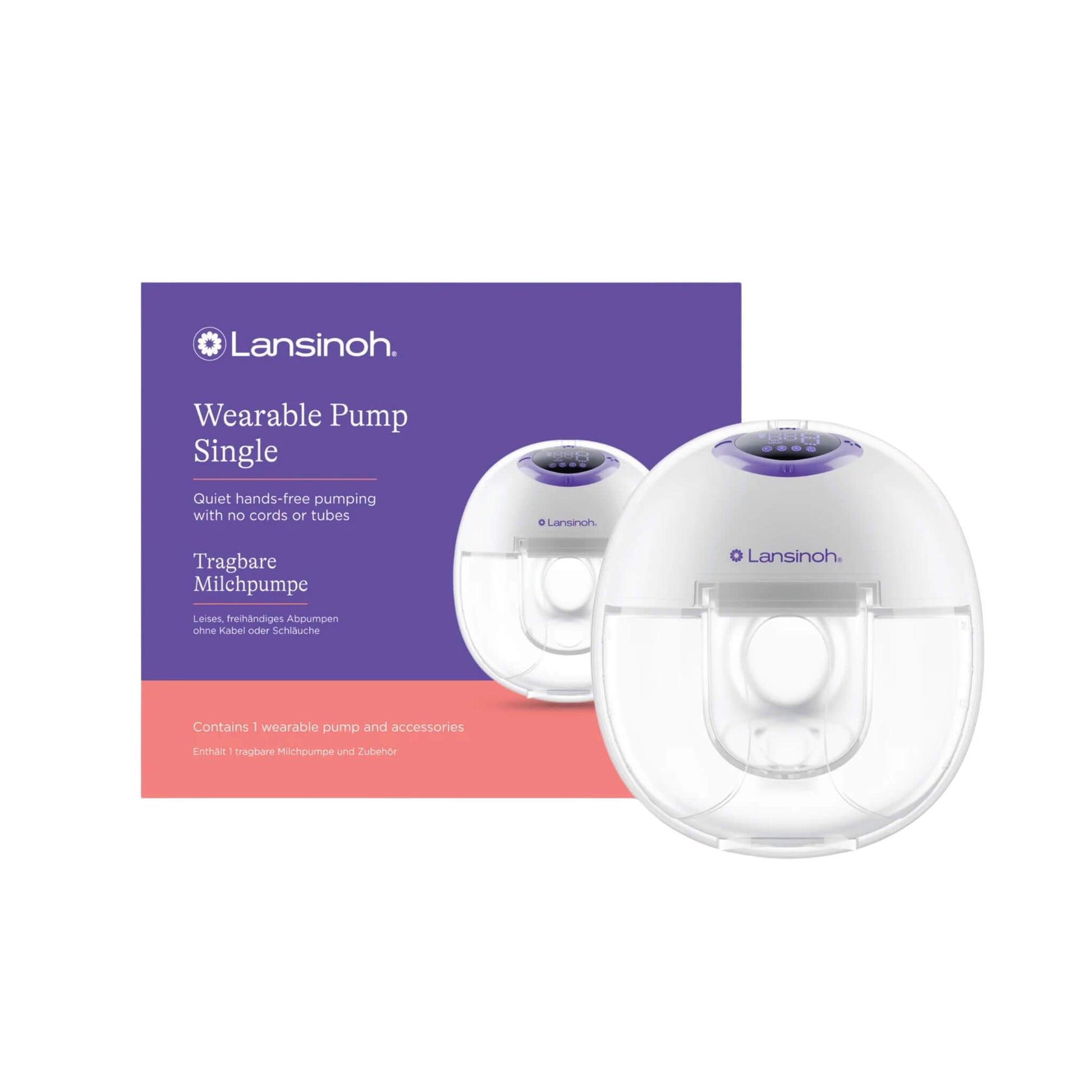 Lansinoh Wearable Breast Pump Single shown with retail packaging and wearable breast pump unit displayed in front on a plain background.