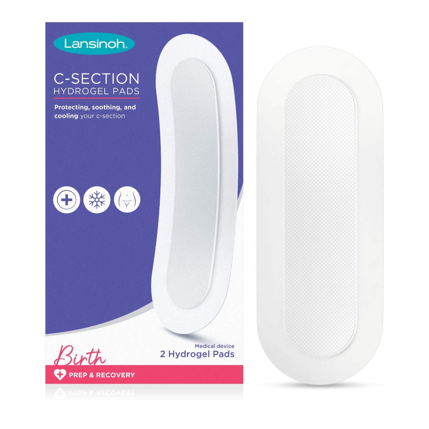 Lansinoh C-Section Hydrogel Pads packaging shown beside a full-size white hydrogel wound pad, highlighting a cooling protective dressing designed for post-caesarean recovery.