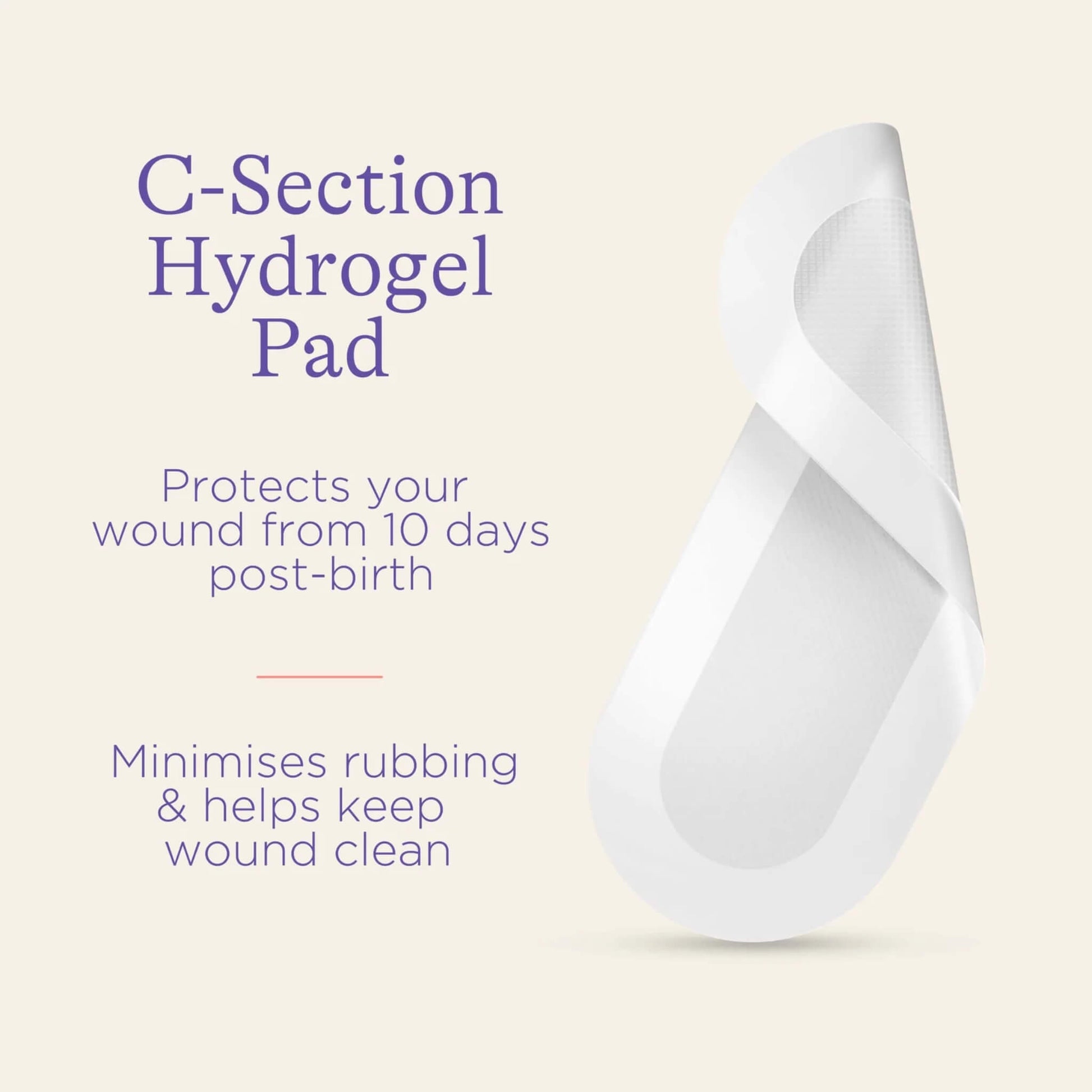 White C-section hydrogel pad shown partially peeled back to reveal flexible layered construction with text describing wound protection and reduced rubbing.