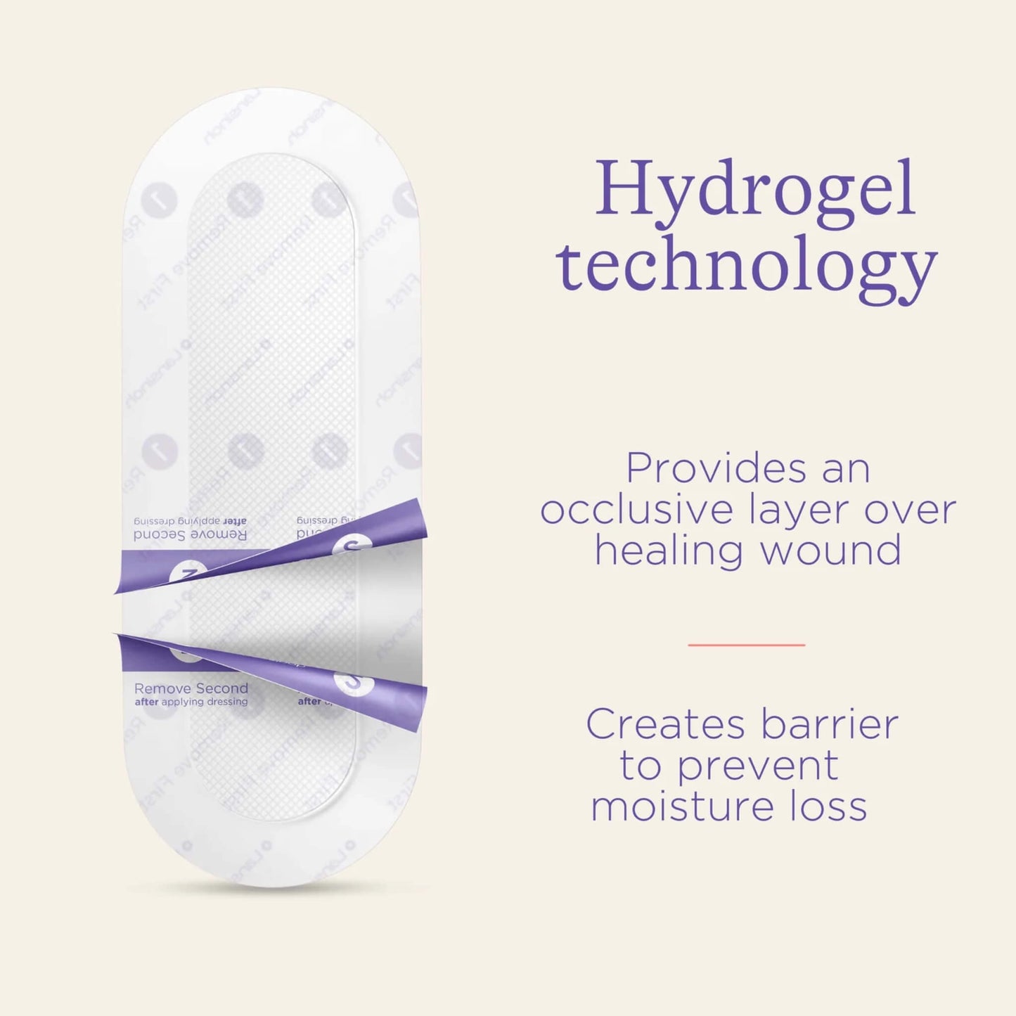 Close-up of a hydrogel wound dressing with backing layers partially removed to show adhesive application system and textured centre panel.