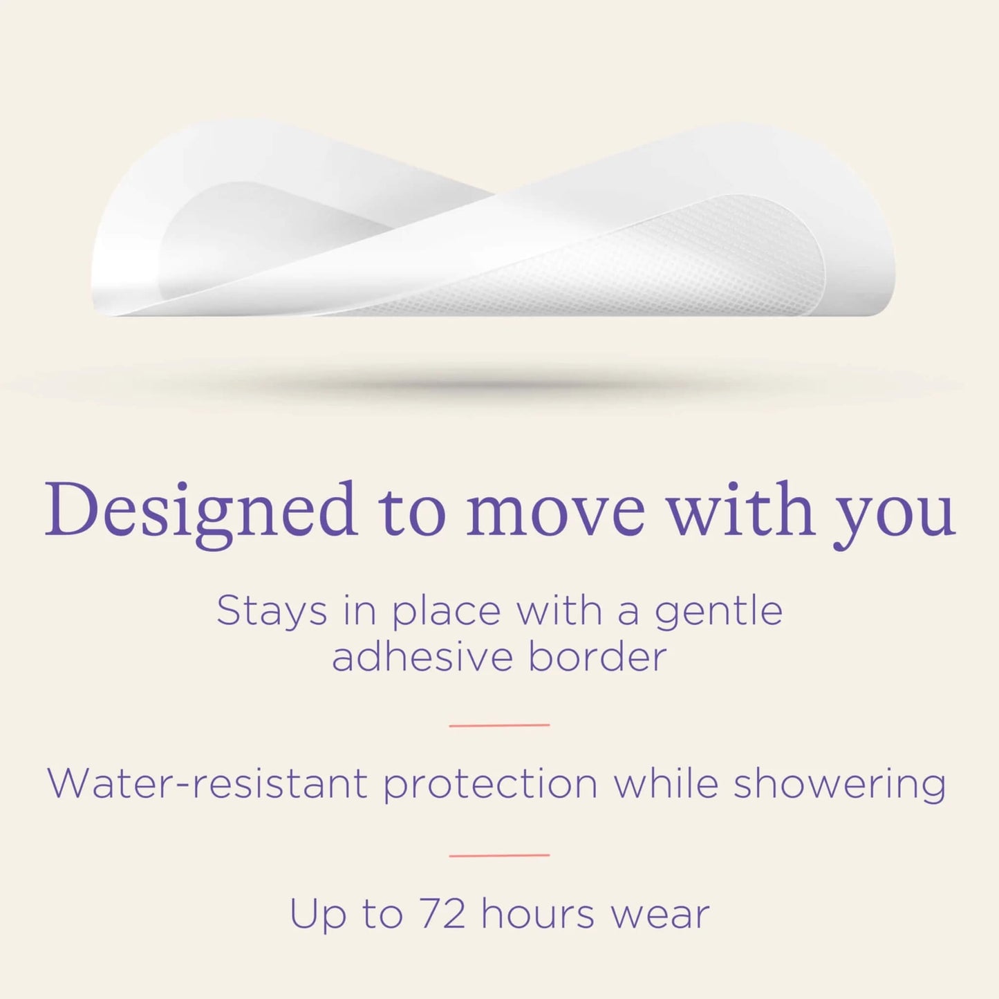 Flexible white hydrogel pad shown curved in profile to demonstrate soft construction, water-resistant wear and movement with the body.