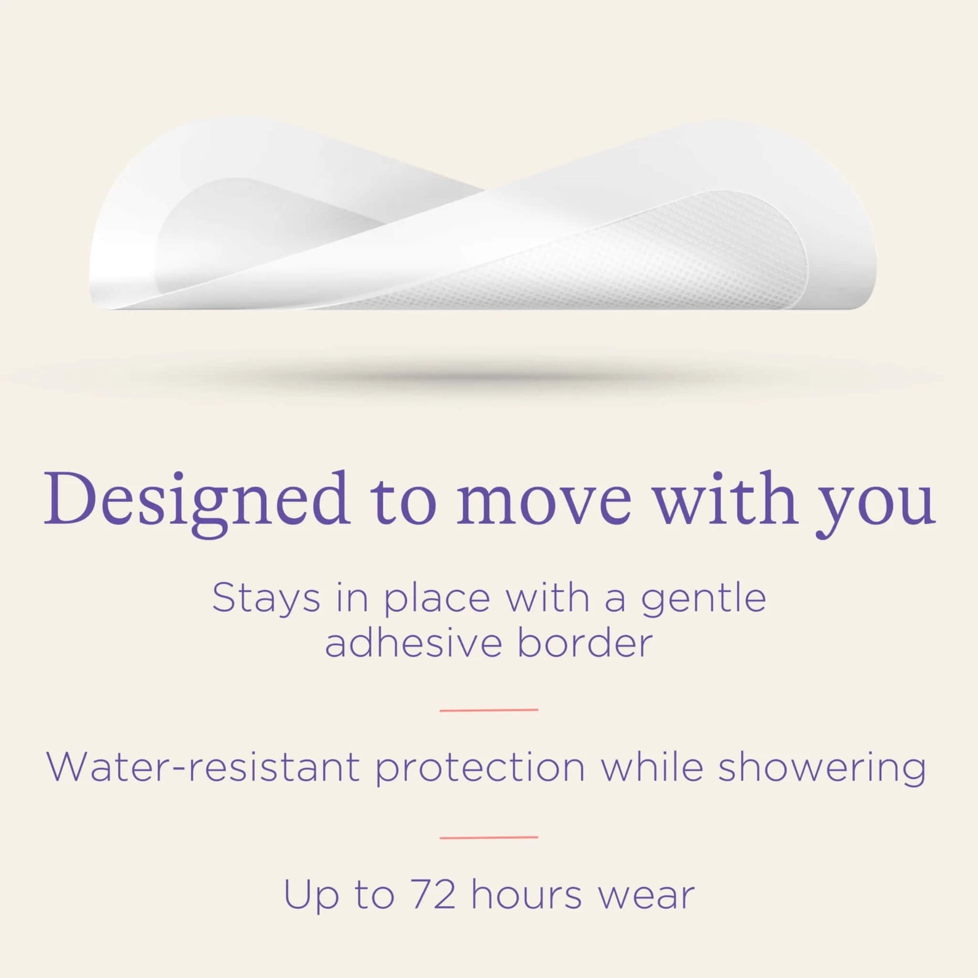 Flexible white hydrogel pad shown curved in profile to demonstrate soft construction, water-resistant wear and movement with the body.