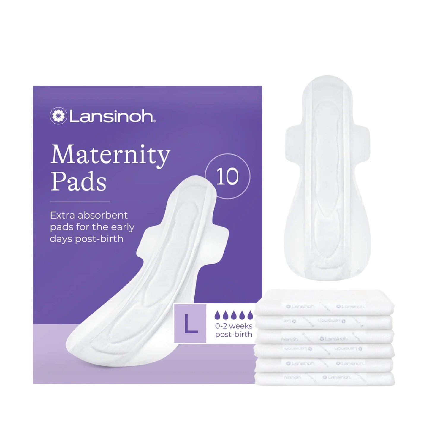 A pack of Lansinoh Extra Absorbent Maternity Pads alongside an individual maternity pad and wrapped pads, designed for the first 0–2 weeks after birth.