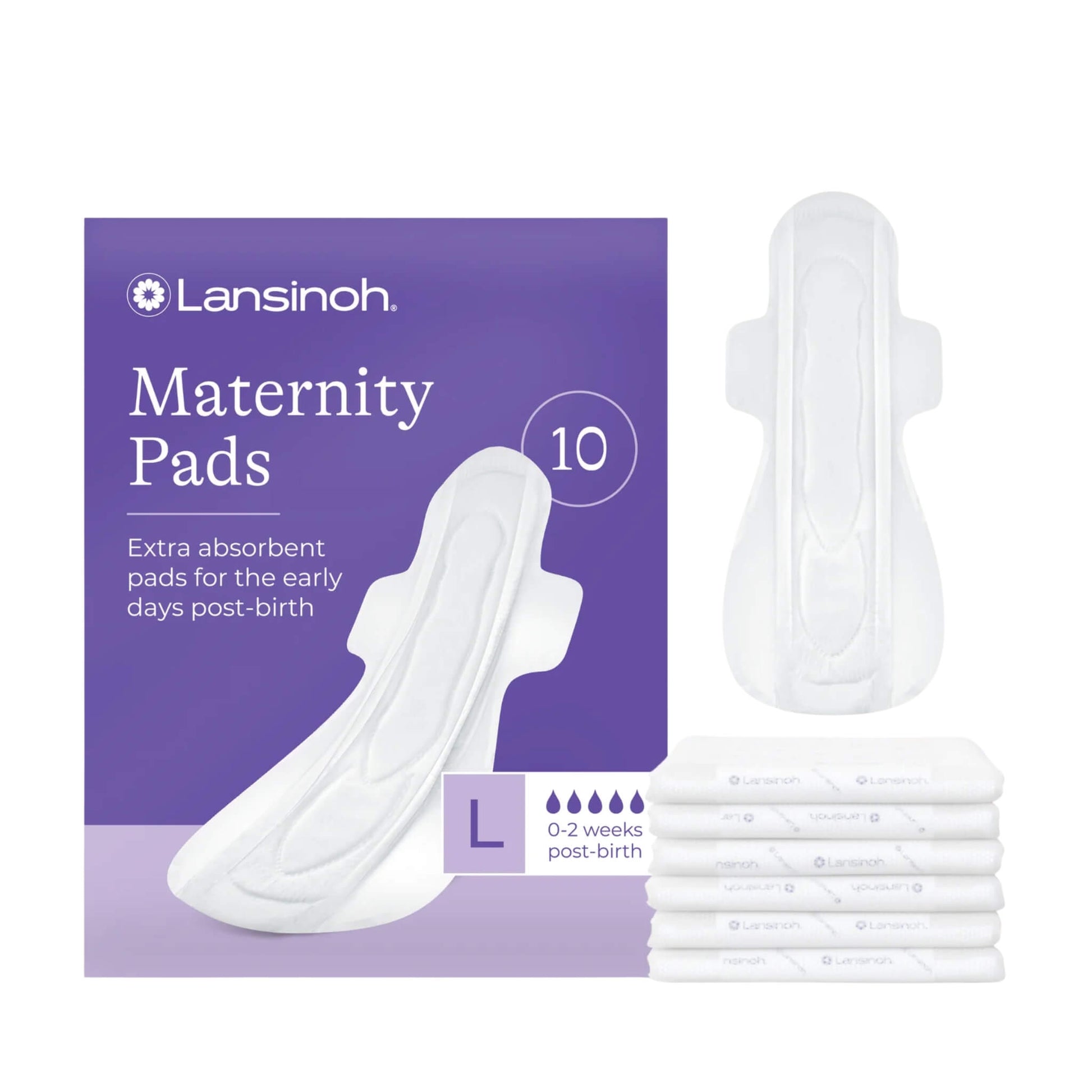 A pack of Lansinoh Extra Absorbent Maternity Pads alongside an individual maternity pad and wrapped pads, designed for the first 0–2 weeks after birth.