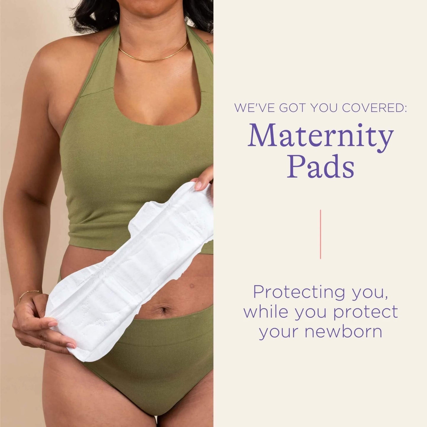 Woman holding an extra-large maternity pad against her abdomen, demonstrating the size and coverage designed for post-birth recovery.