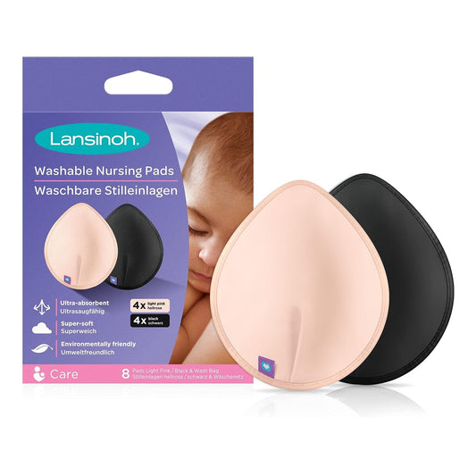 Pack of 8 Lansinoh Washable Nursing Pads in light pink and black. Use a three-layer protection technology to protect against leaks. Machine washable at 40 Degrees.