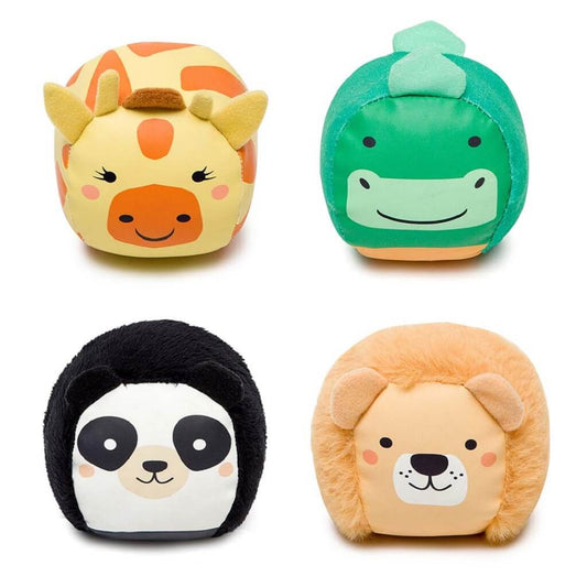 set of 4 adorable soft balls includes a lion, a giraffe, a panda and a crocodile.