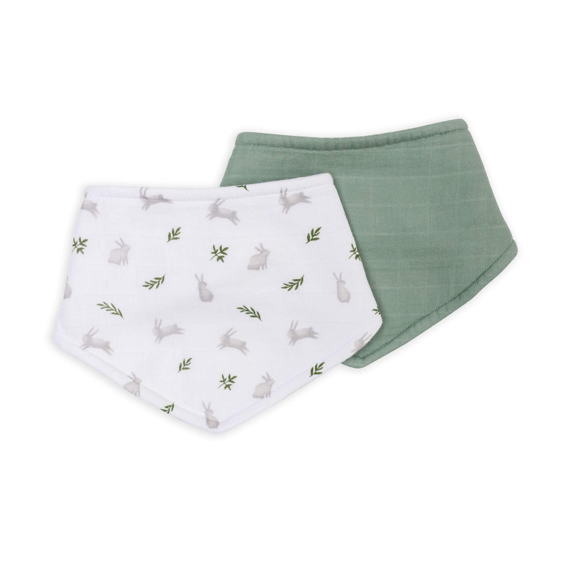 Two stylish Lulujo bandana bibs featuring a soft sage green solid colour and white with grey bunny print, perfectly coordinated for any baby's wardrobe whilst protecting from dribbles.