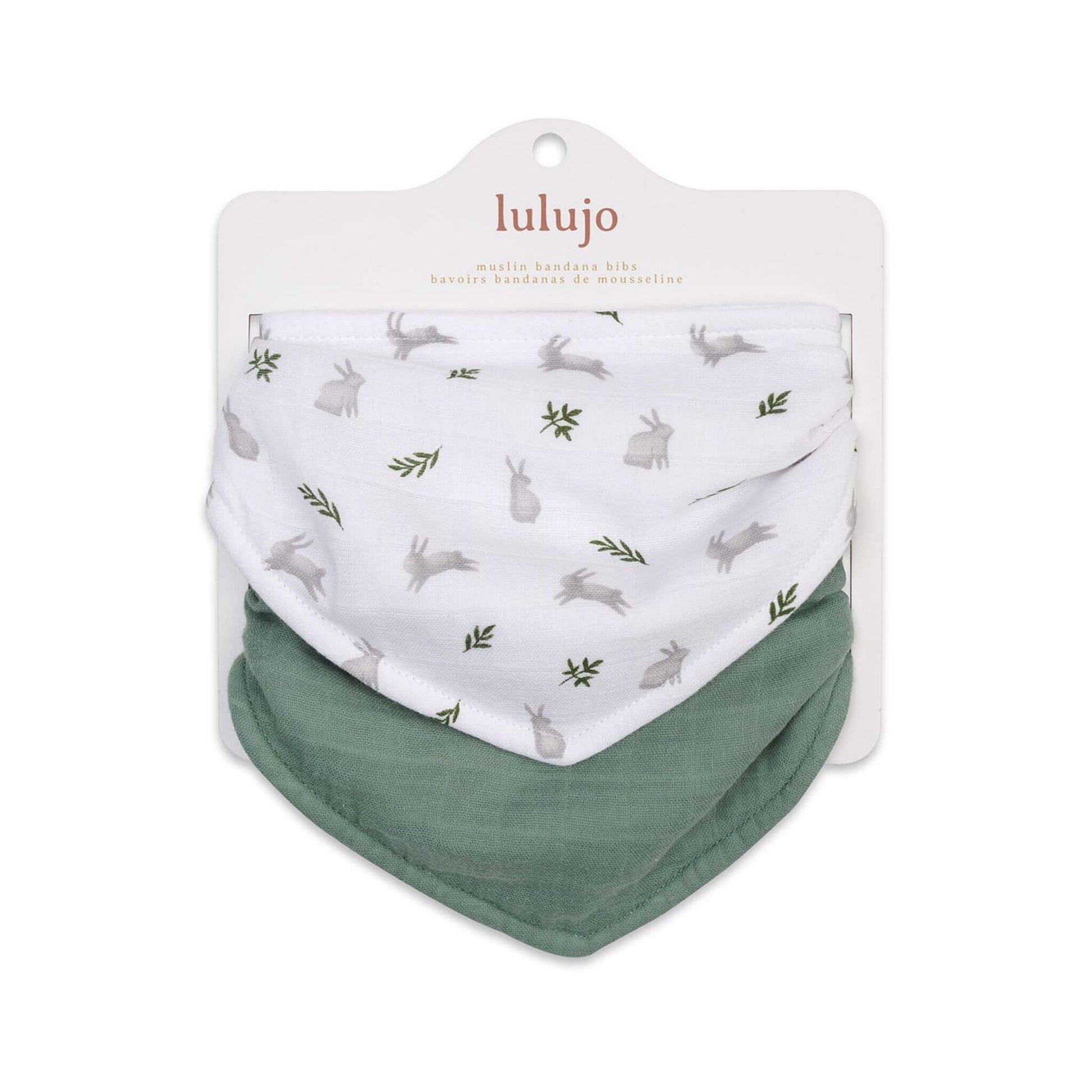 Lulujo muslin bandana bibs in retail packaging showing white with grey bunny and green fern print alongside solid sage green, perfect for stylish dribble protection.