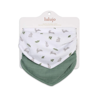 Lulujo muslin bandana bibs in retail packaging showing white with grey bunny and green fern print alongside solid sage green, perfect for stylish dribble protection.