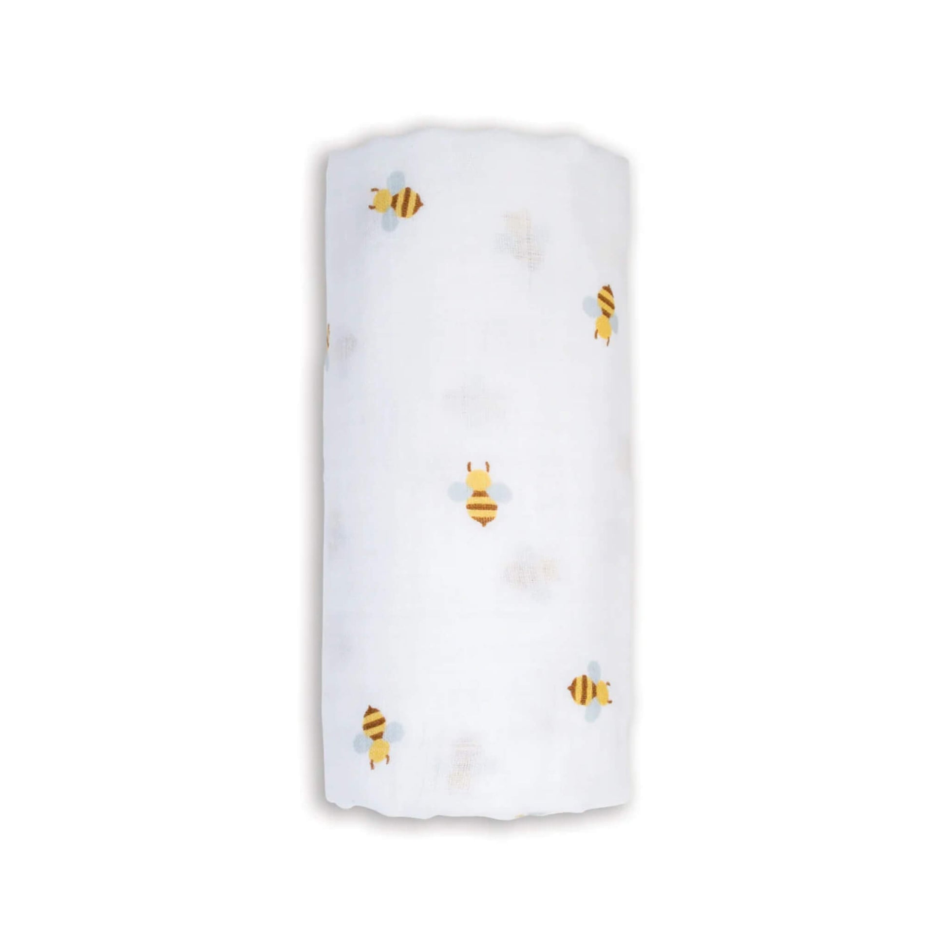 Soft Lulujo Cotton Muslin Swaddle in the Bees design, neatly rolled to show its lightweight white fabric patterned with yellow and brown bees.