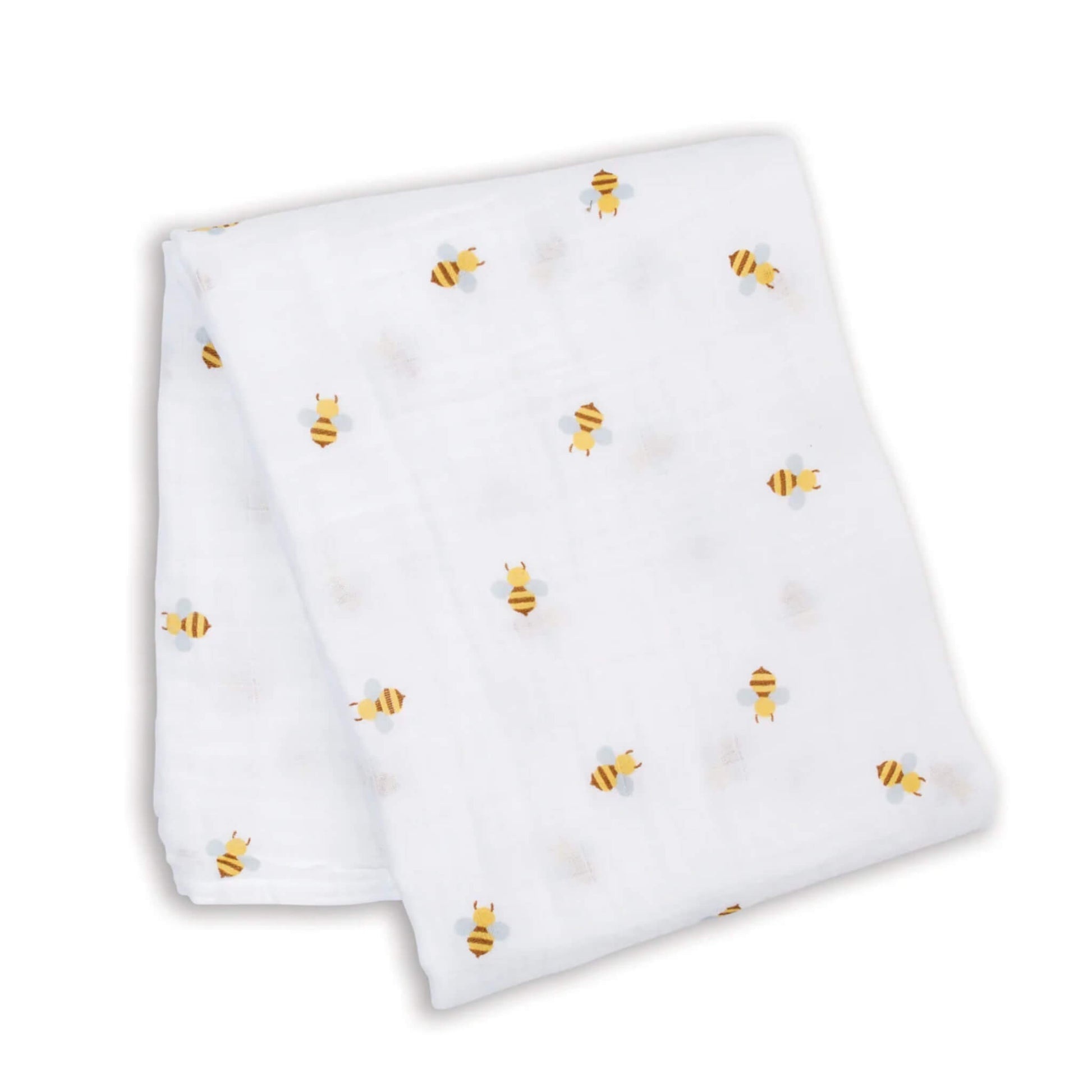 Lightweight muslin swaddle laid flat, showing the repeating bee pattern across the white cotton fabric.