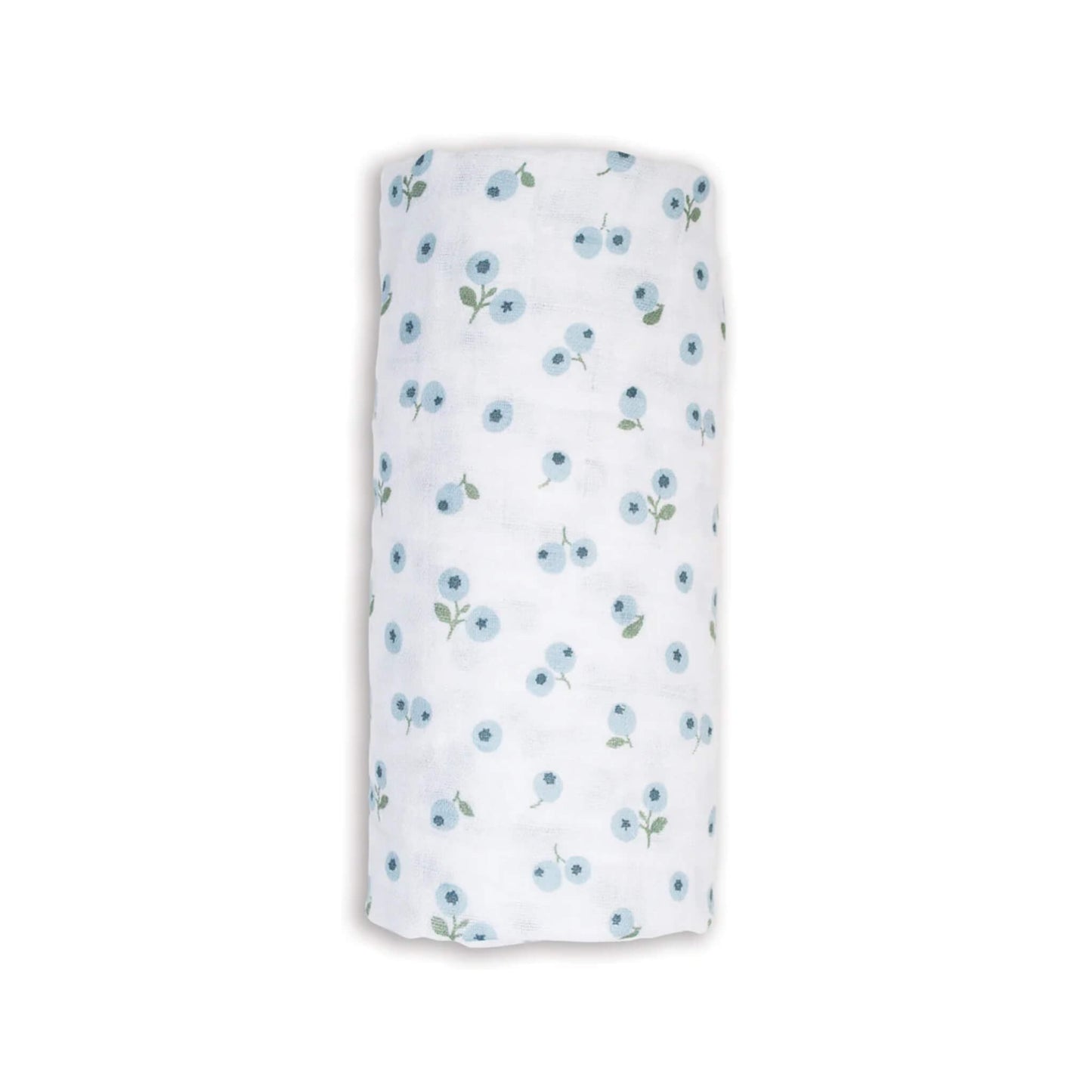 Lulujo Cotton Muslin Swaddle in the Blueberries design, neatly rolled to show its soft white fabric patterned with delicate blue berry clusters.