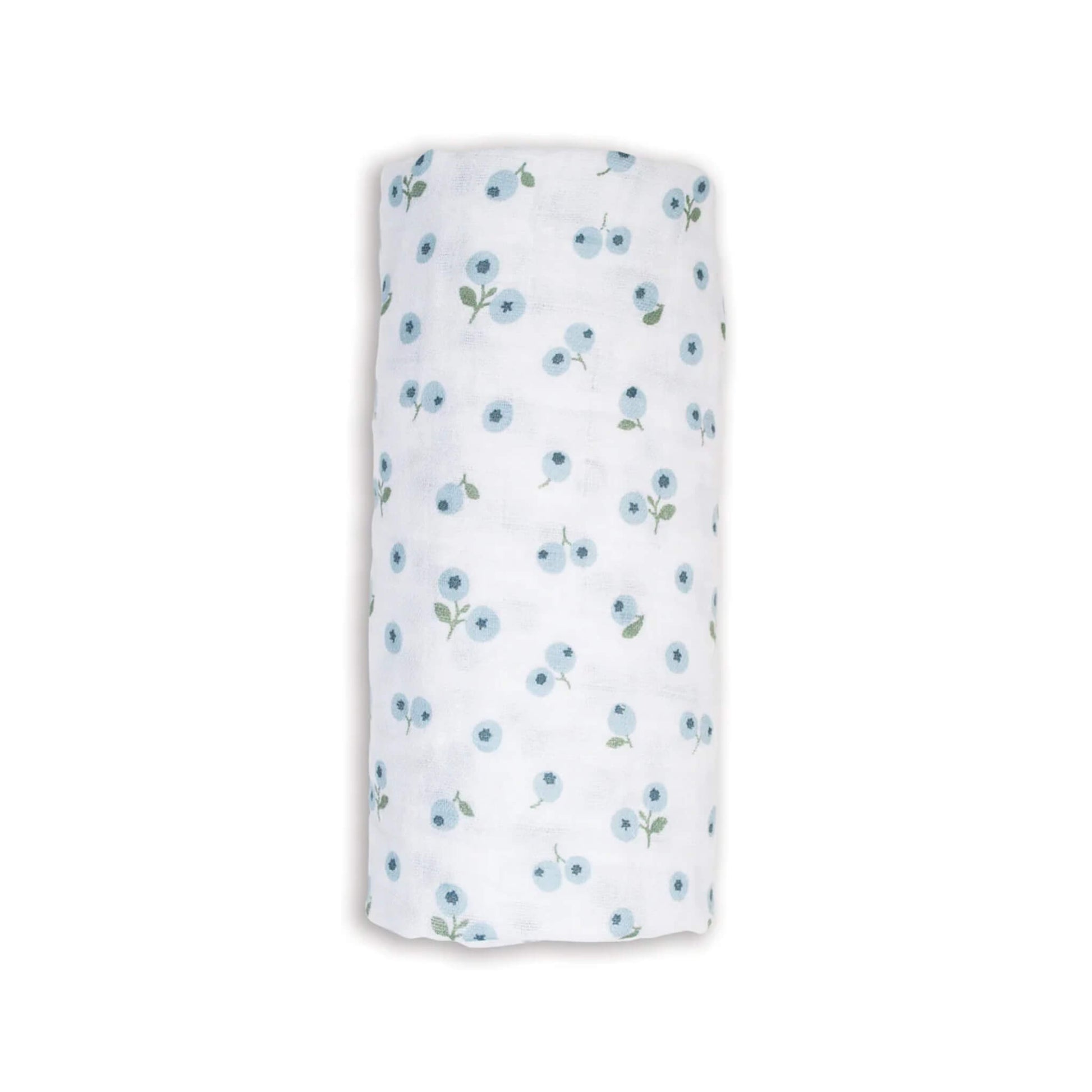 Lulujo Cotton Muslin Swaddle in the Blueberries design, neatly rolled to show its soft white fabric patterned with delicate blue berry clusters.