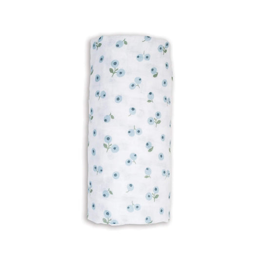 Lulujo Cotton Muslin Swaddle in the Blueberries design, neatly rolled to show its soft white fabric patterned with delicate blue berry clusters.