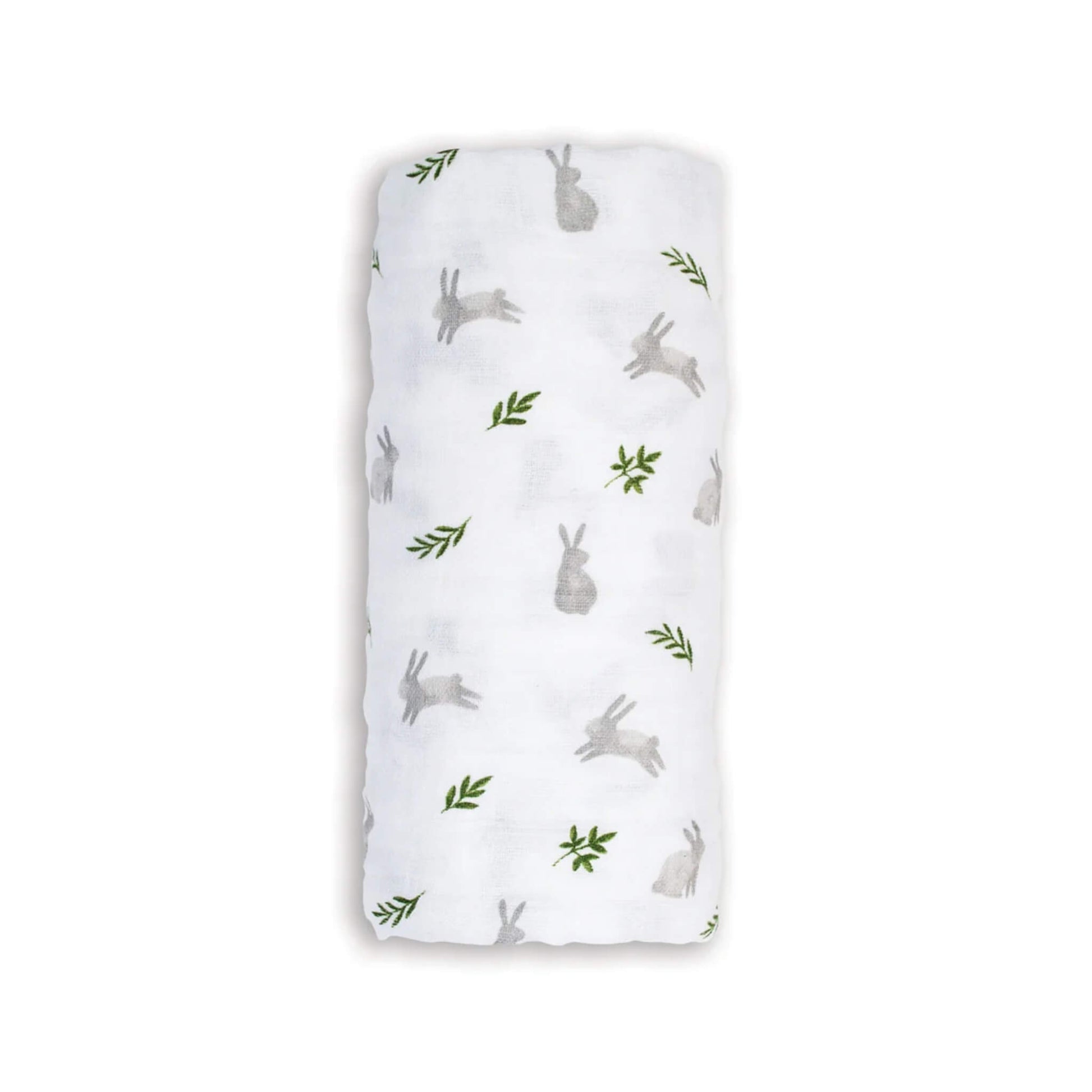 Lulujo Cotton Muslin Swaddle in the Bunnies design, neatly rolled to show its soft white fabric with light grey bunnies and small green leaves.