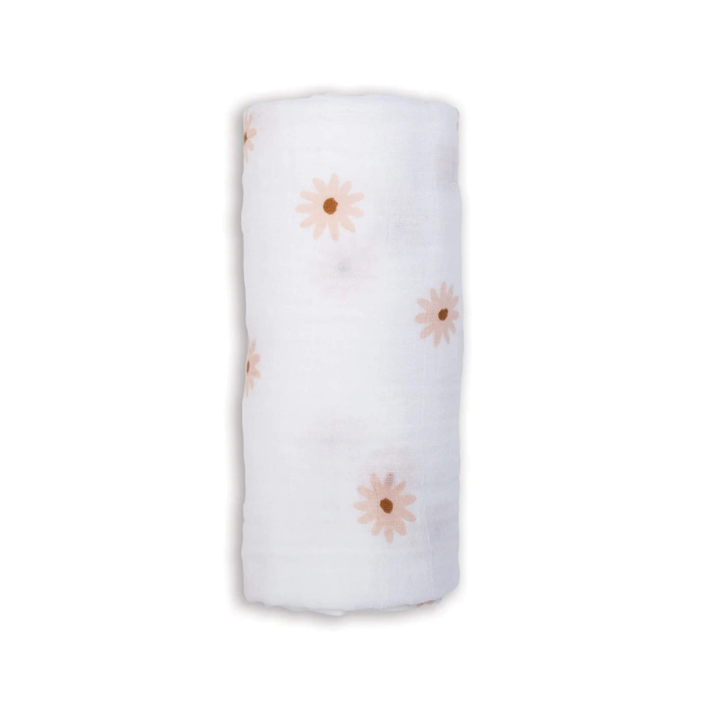 Lulujo Cotton Muslin Swaddle in the Daisies design, neatly rolled to show its soft white fabric patterned with gentle peach-toned daisy flowers.