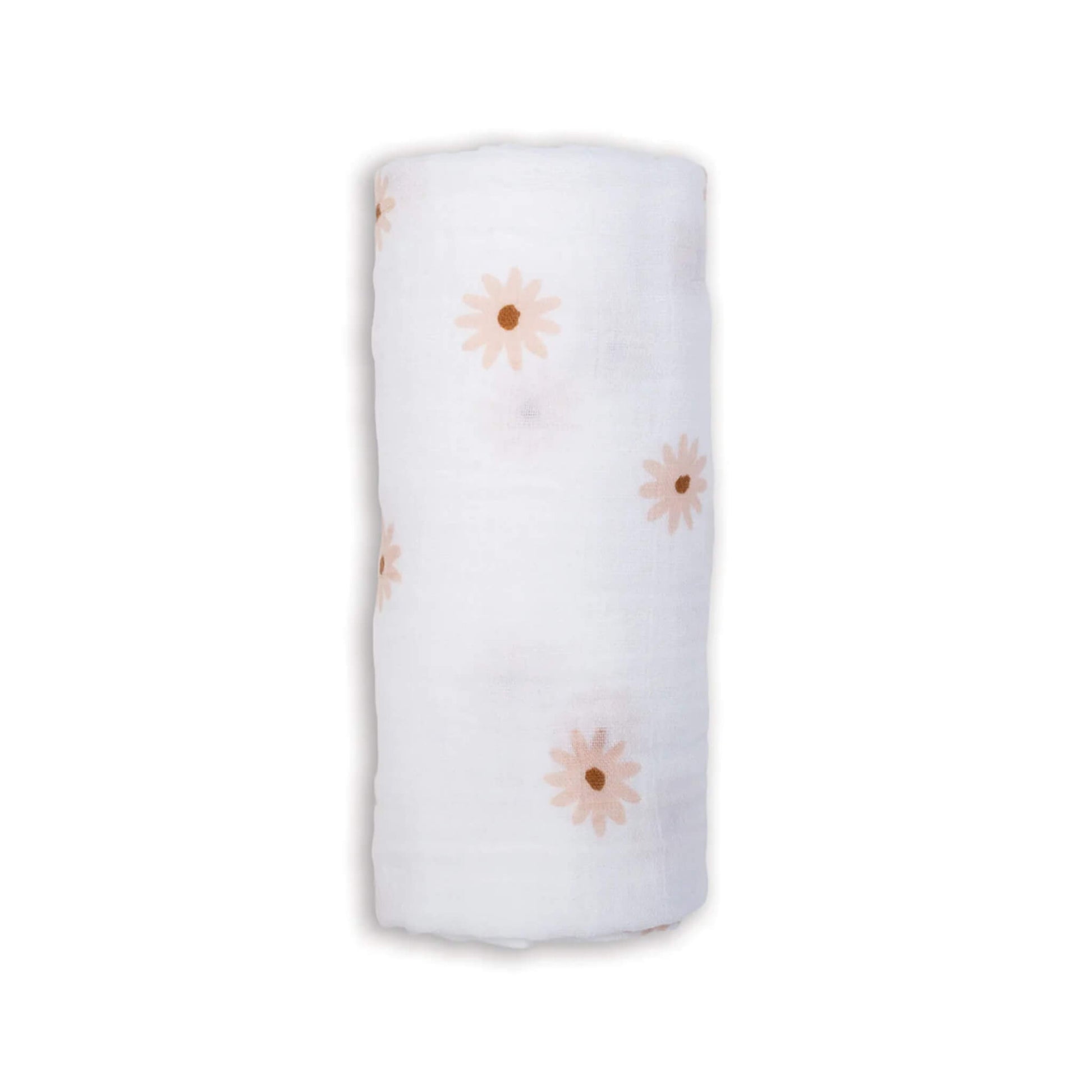 Lulujo Cotton Muslin Swaddle in the Daisies design, neatly rolled to show its soft white fabric patterned with gentle peach-toned daisy flowers.