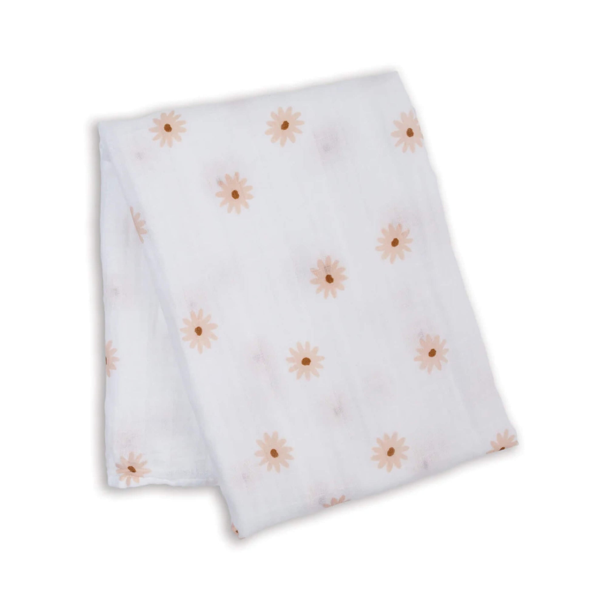 Lightweight muslin swaddle folded flat, showing a scattered pattern of soft peach daisies across the white cotton fabric.