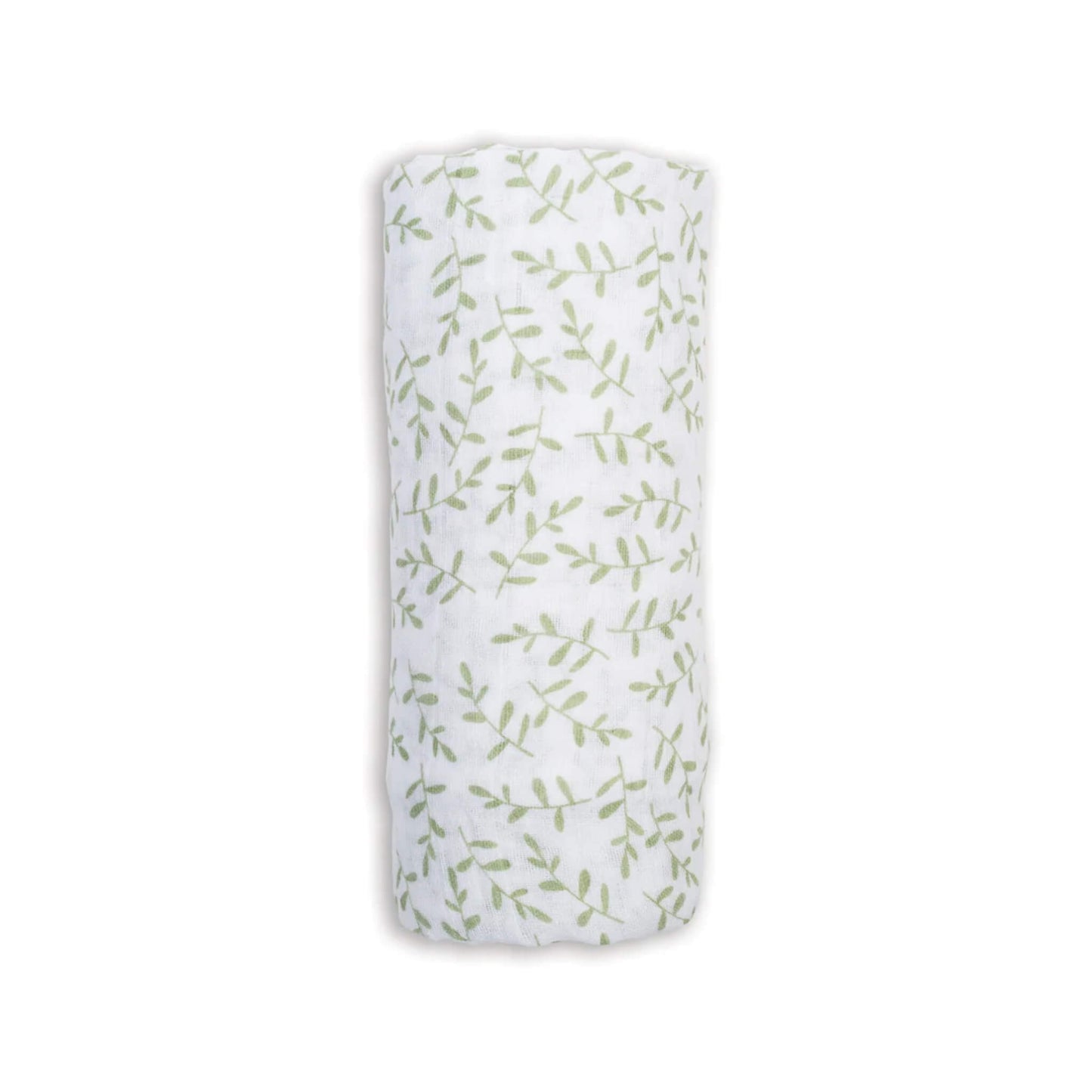 Lulujo Cotton Muslin Swaddle in the Greenery design, neatly rolled to show its soft white fabric patterned with delicate green leafy sprigs.