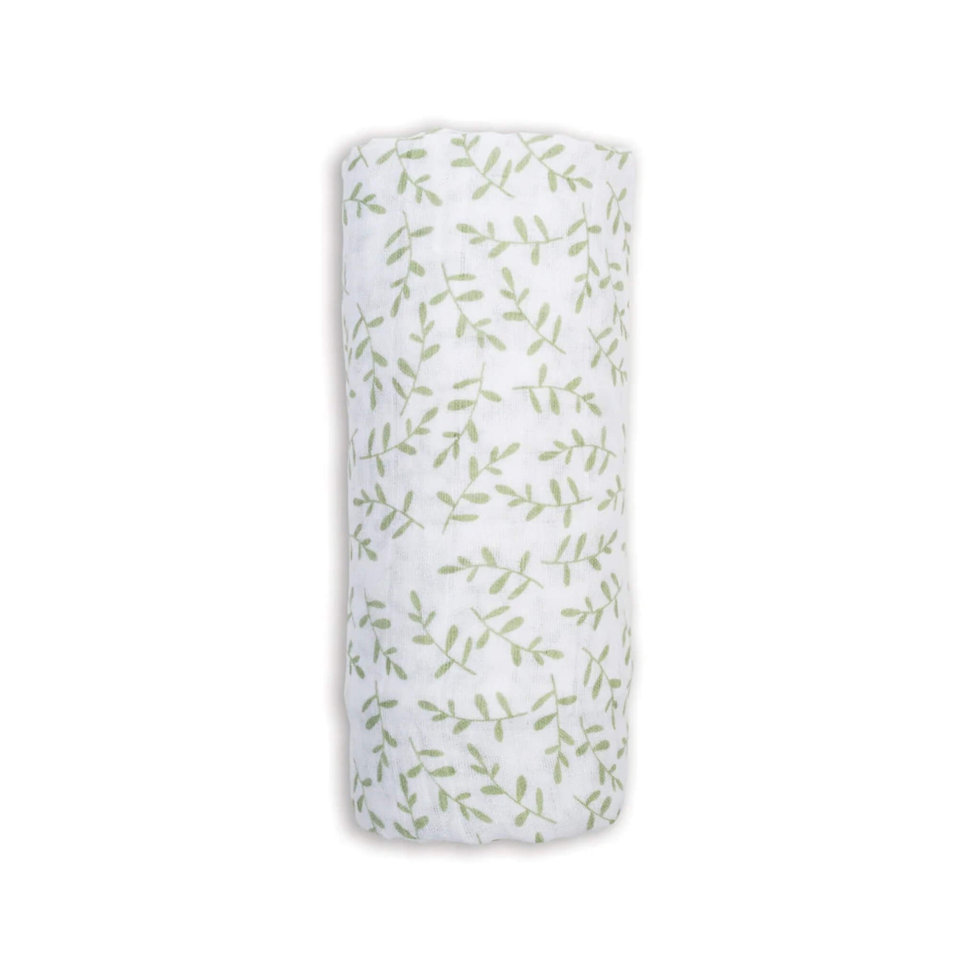 Lulujo Cotton Muslin Swaddle in the Greenery design, neatly rolled to show its soft white fabric patterned with delicate green leafy sprigs.
