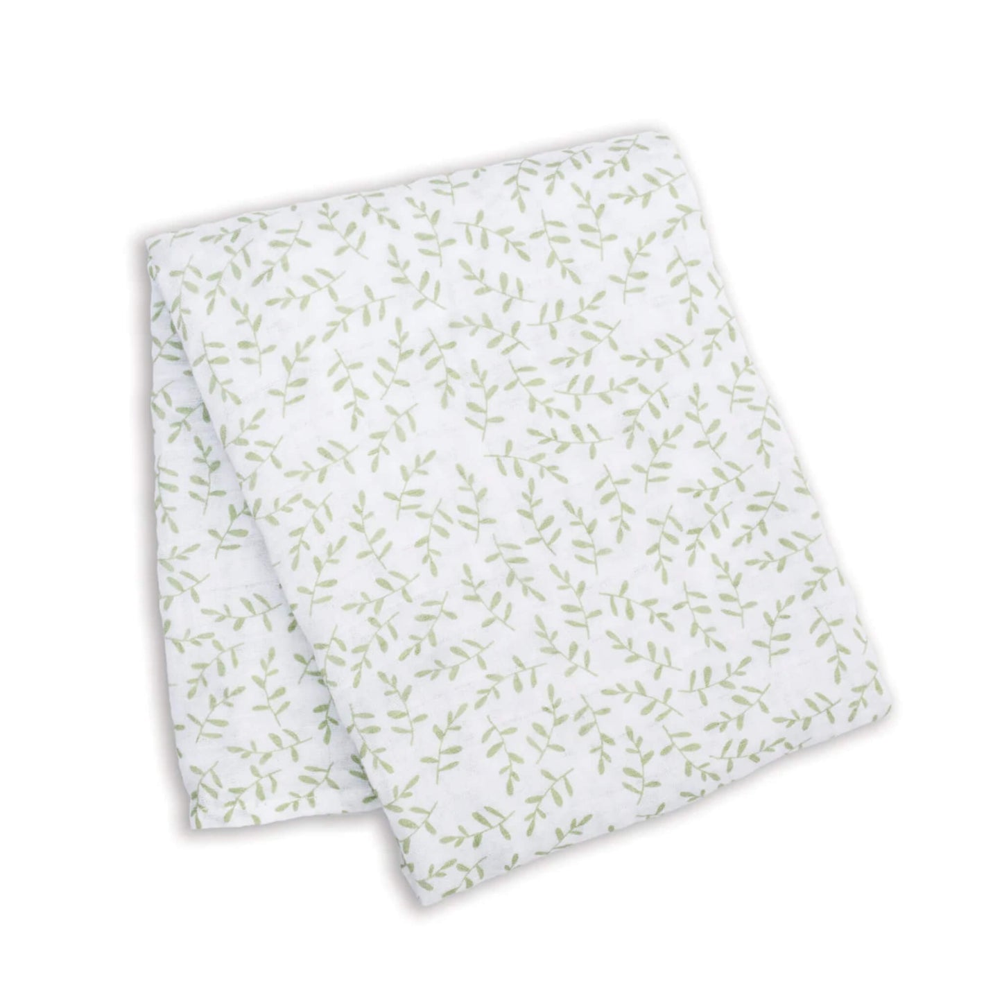 Lightweight muslin swaddle folded flat, showing a repeating pattern of fine green leaves across the white cotton fabric.