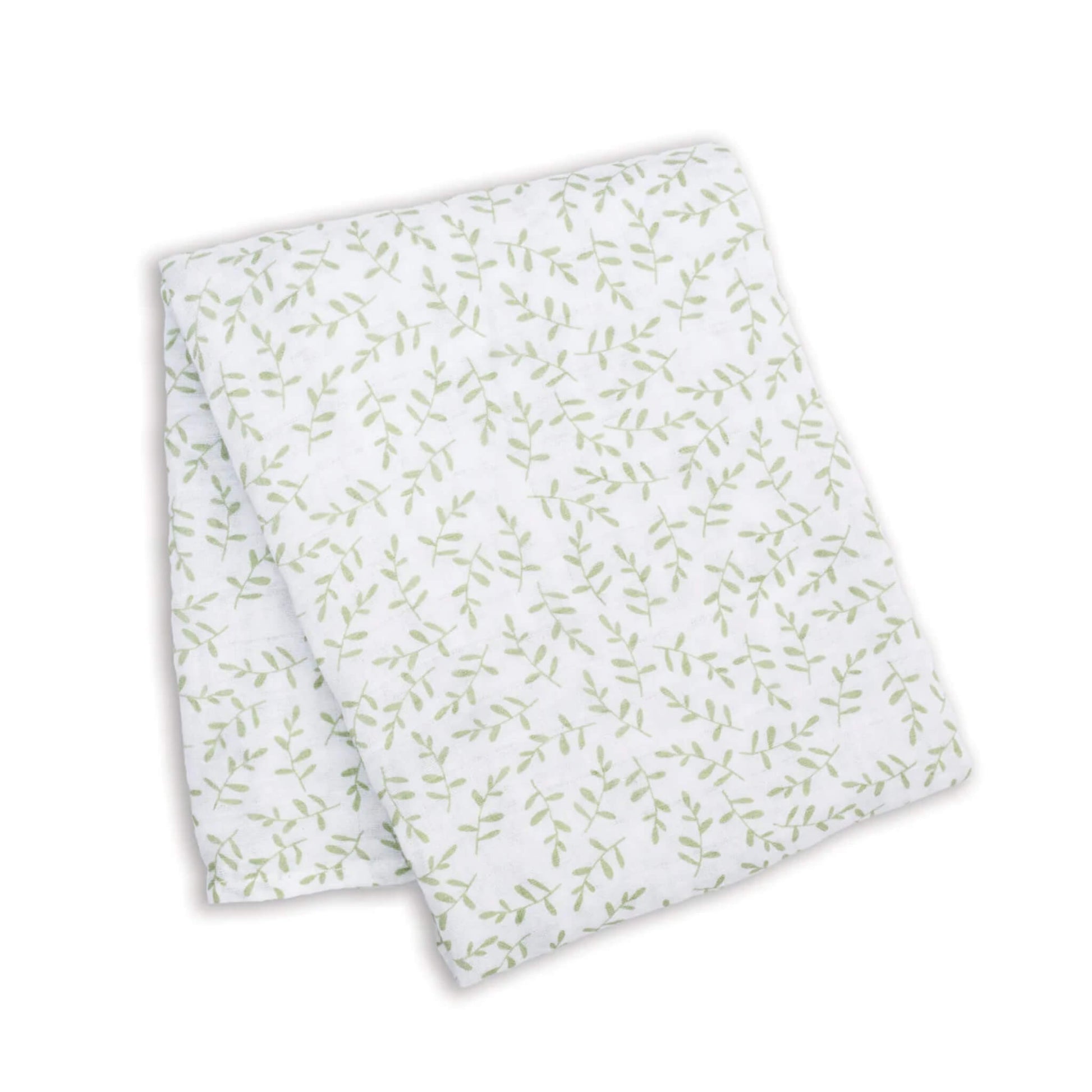 Lightweight muslin swaddle folded flat, showing a repeating pattern of fine green leaves across the white cotton fabric.